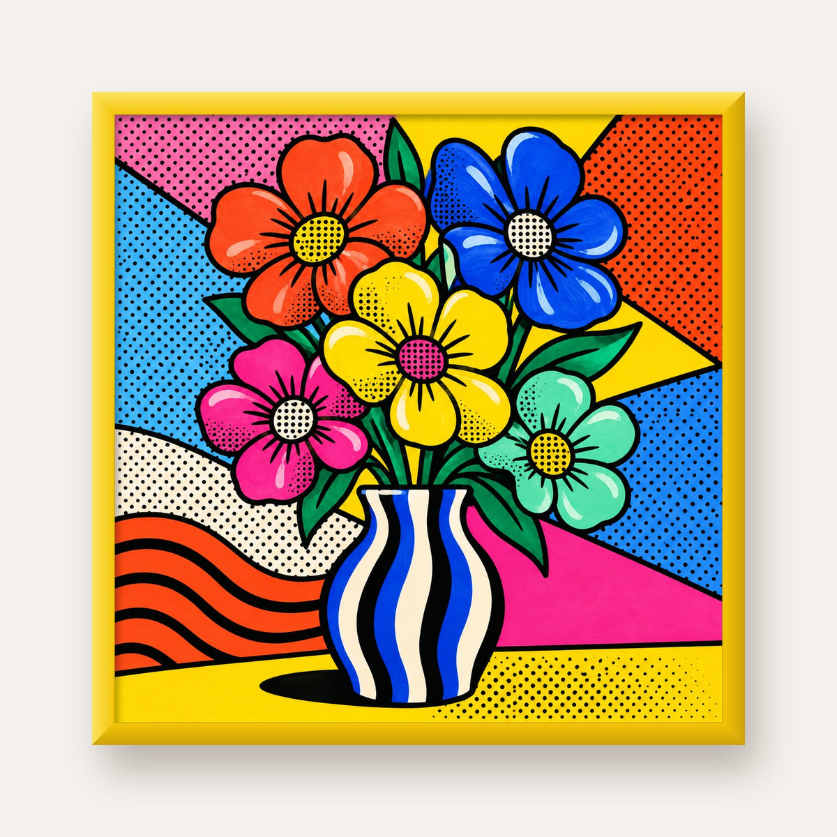Pop Art Çiçekli Vazo Poster – Renkli Çizgi Roman Tasarımı — sarı çerçeveli