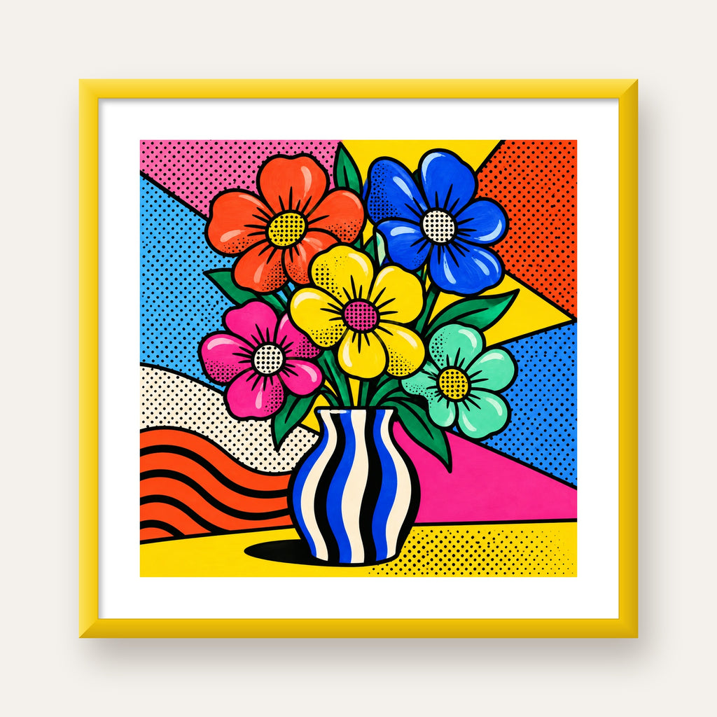 Pop Art Çiçekli Vazo Poster – Renkli Çizgi Roman Tasarımı — sarı çerçeveli paspartulu