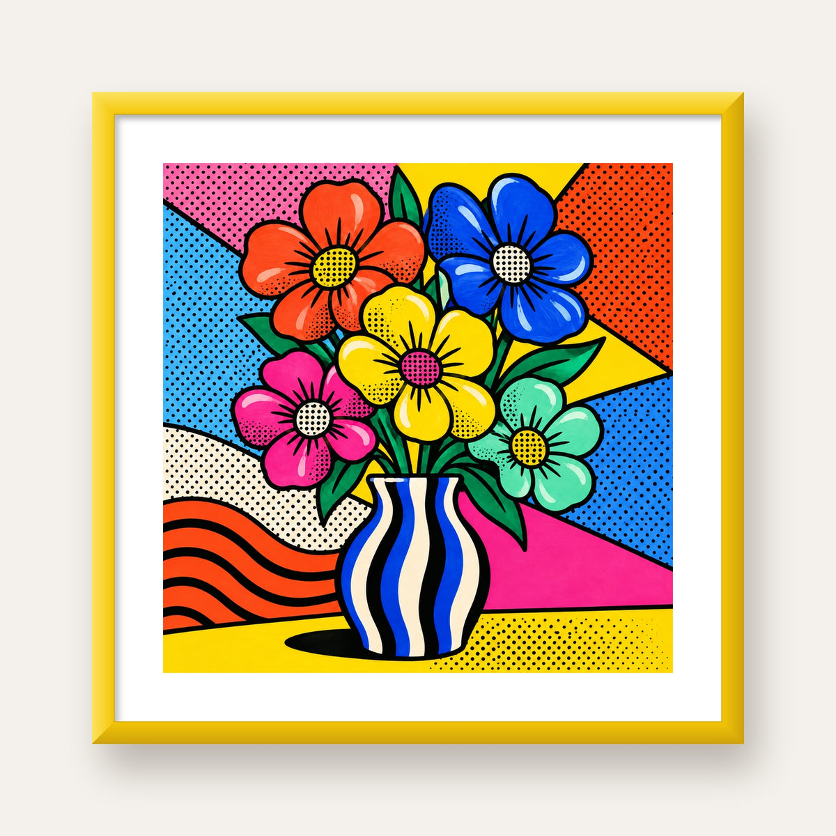 Pop Art Çiçekli Vazo Poster – Renkli Çizgi Roman Tasarımı — sarı çerçeveli paspartulu
