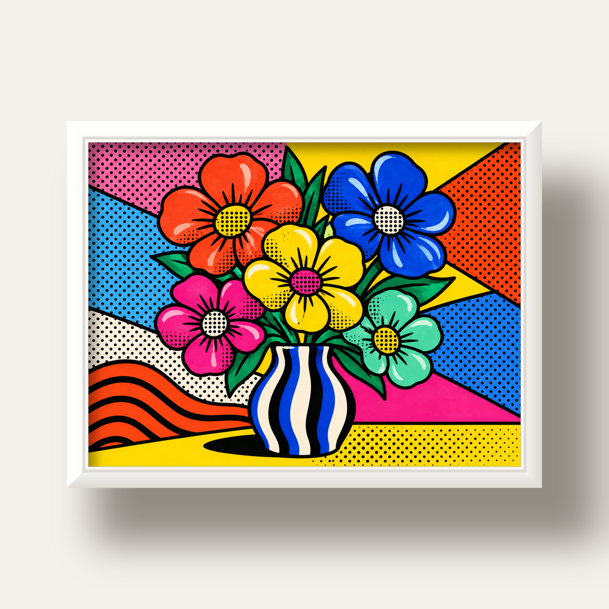 Pop Art Çiçekli Vazo Poster – Renkli Çizgi Roman Tasarımı — beyaz derin çerçeveli