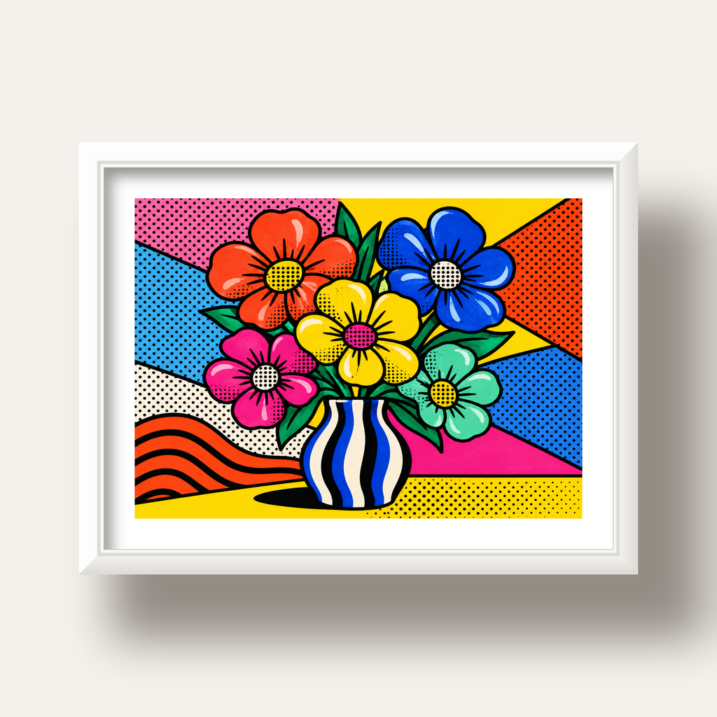 Pop Art Çiçekli Vazo Poster – Renkli Çizgi Roman Tasarımı — beyaz derin çerçeveli paspartulu