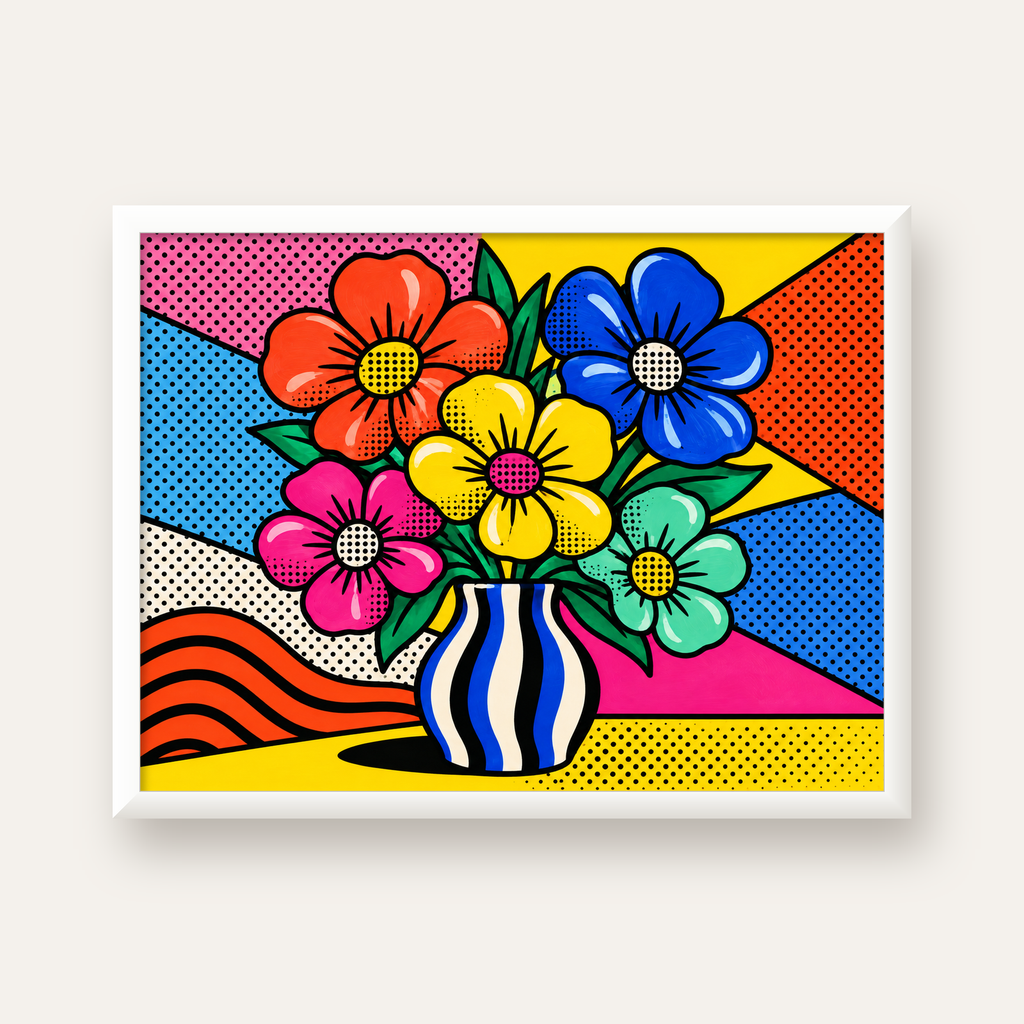 Pop Art Çiçekli Vazo Poster – Renkli Çizgi Roman Tasarımı — beyaz çerçeveli yatay poster