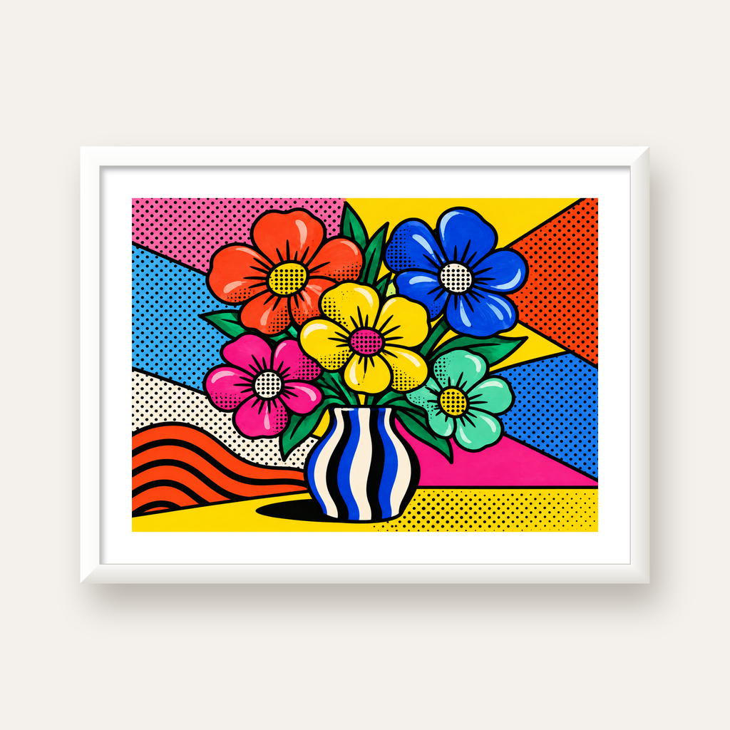 Pop Art Çiçekli Vazo Poster – Renkli Çizgi Roman Tasarımı — beyaz çerçeveli yatay poster
