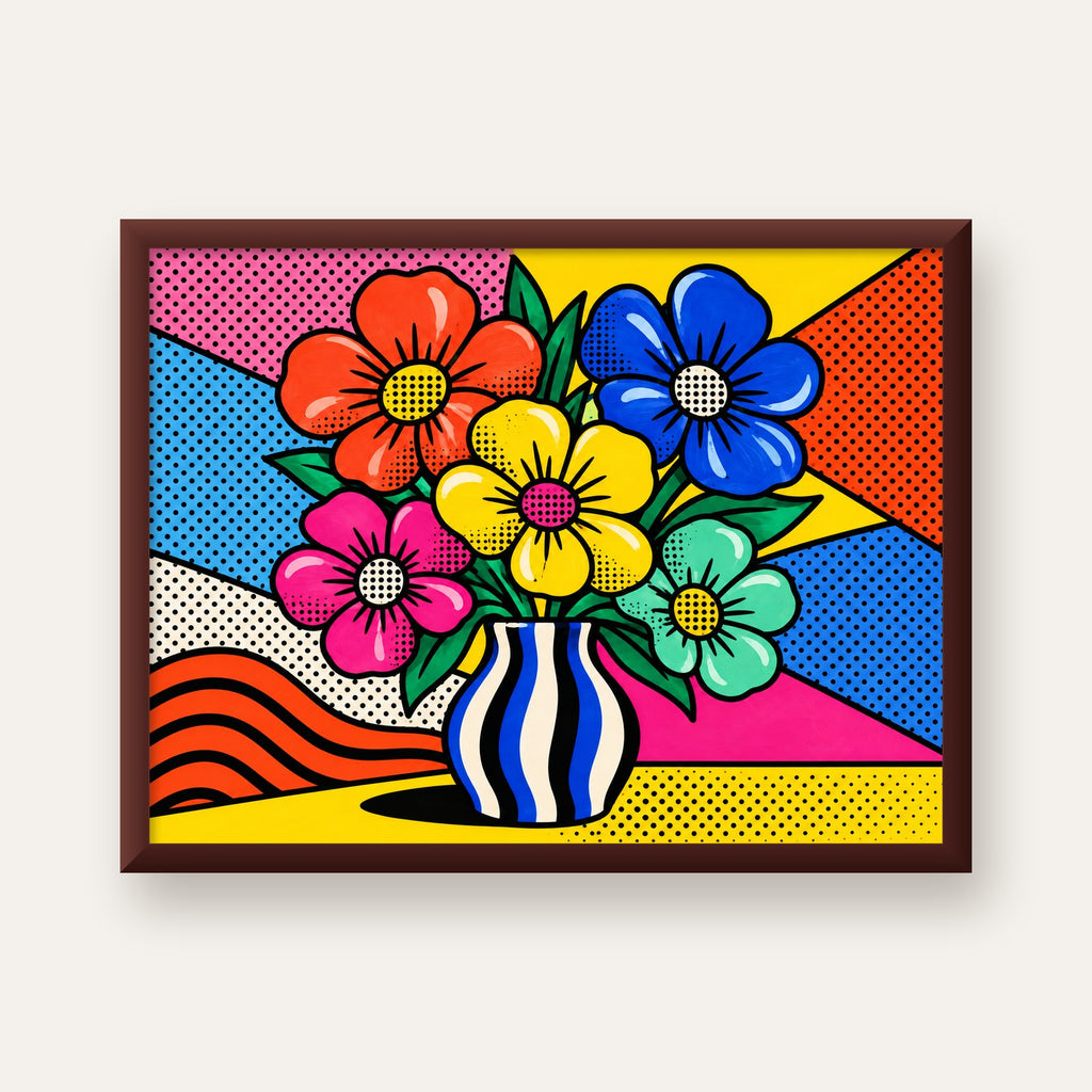 Pop Art Çiçekli Vazo Poster – Renkli Çizgi Roman Tasarımı — ceviz çerçeveli