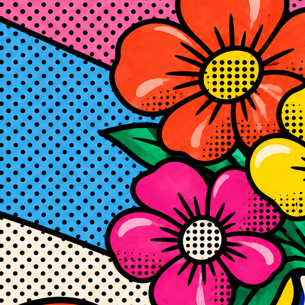 Pop Art Çiçekli Vazo Poster – Renkli Çizgi Roman Tasarımı — baskının yakın çekimi, kâğıt dokusu ve renk detayı