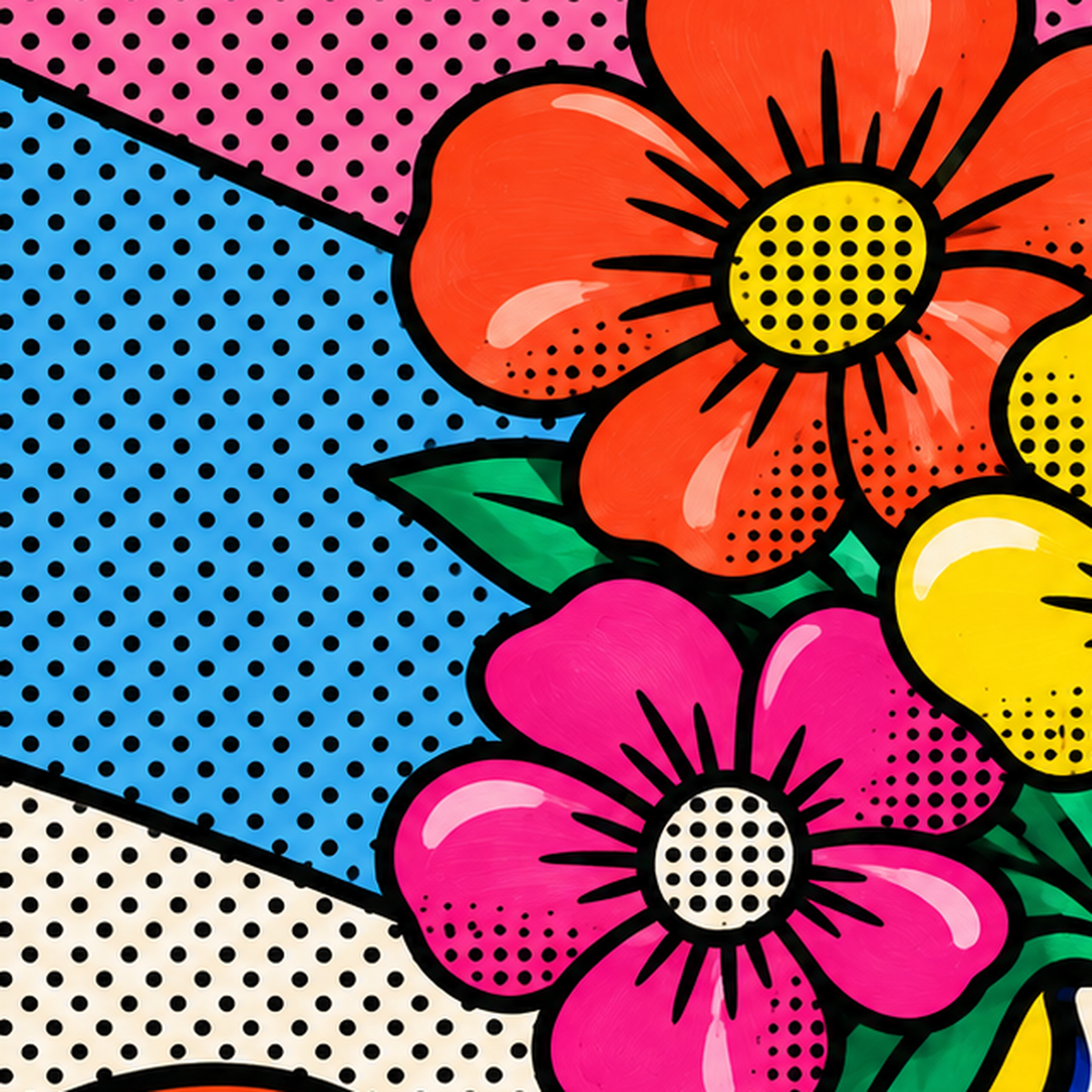 Pop Art Çiçekli Vazo Poster – Renkli Çizgi Roman Tasarımı — baskının yakın çekimi, kâğıt dokusu ve renk detayı