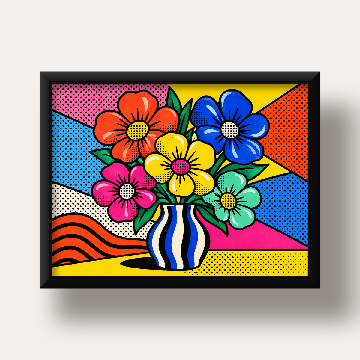 Pop Art Çiçekli Vazo Poster – Renkli Çizgi Roman Tasarımı — siyah derin çerçeveli