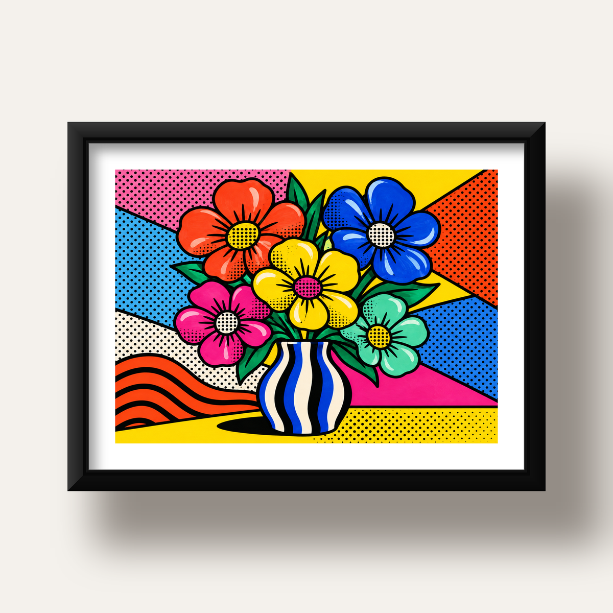 Pop Art Çiçekli Vazo Poster – Renkli Çizgi Roman Tasarımı — siyah derin çerçeveli paspartulu
