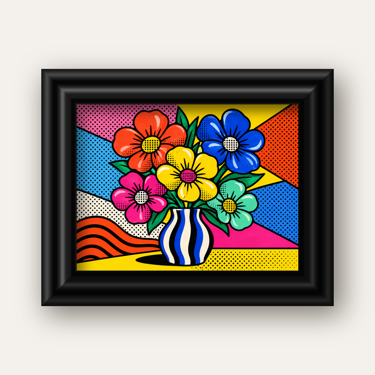 Pop Art Çiçekli Vazo Poster – Renkli Çizgi Roman Tasarımı — siyah galeri çerçeveli