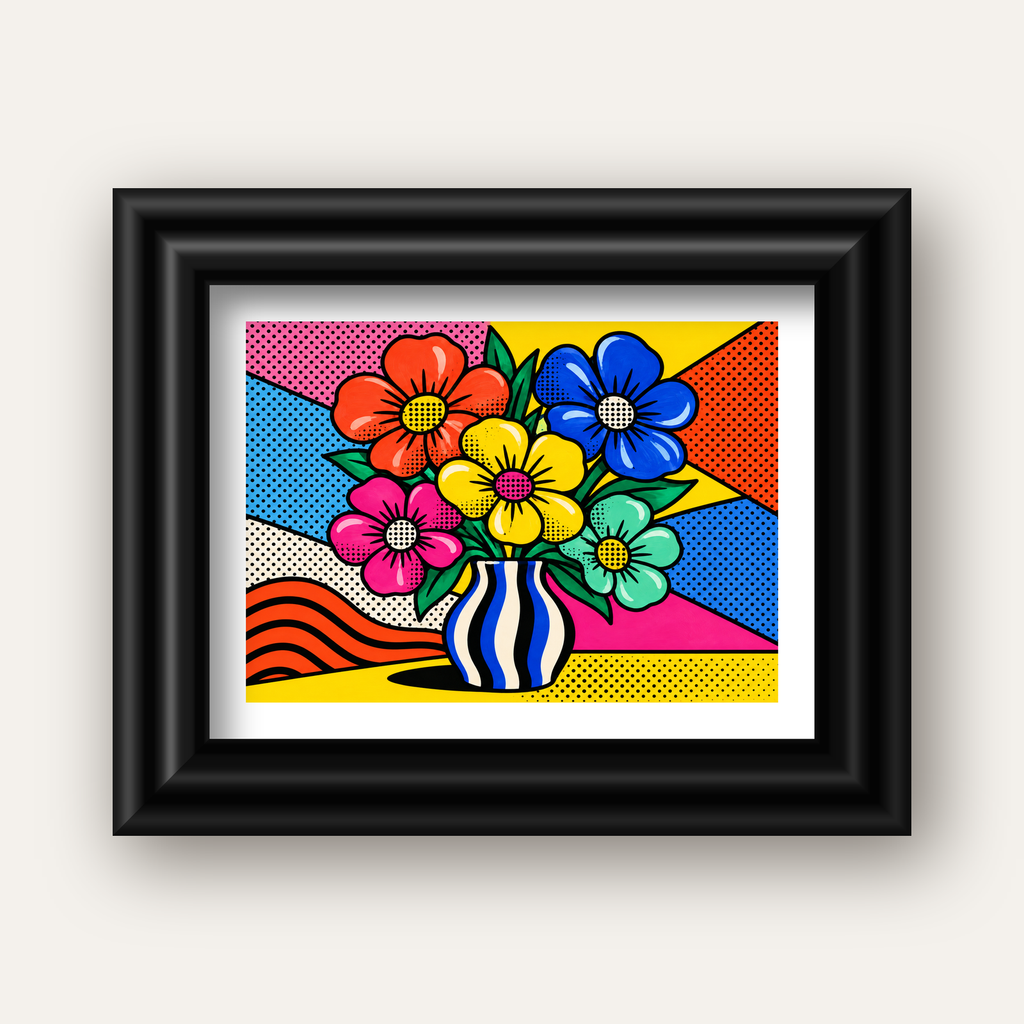 Pop Art Çiçekli Vazo Poster – Renkli Çizgi Roman Tasarımı — siyah galeri çerçeveli paspartulu