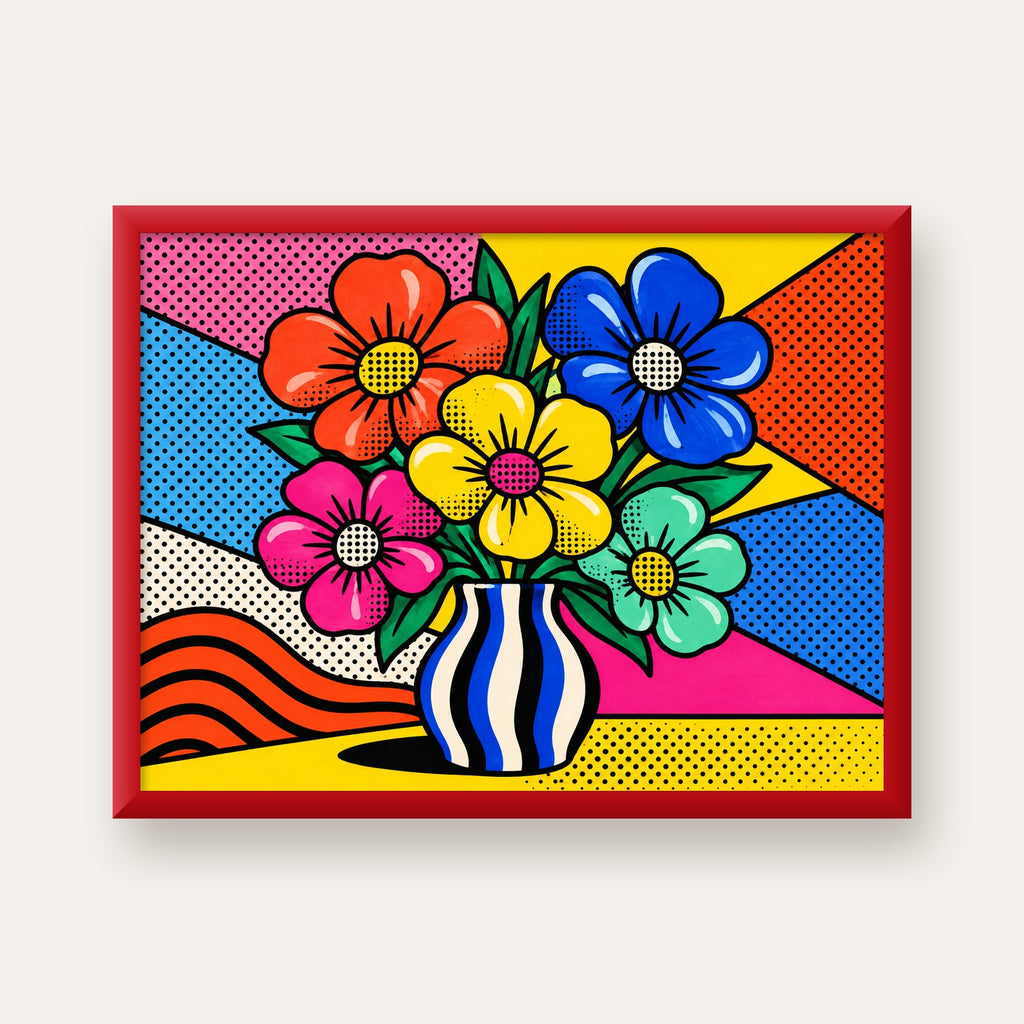 Pop Art Çiçekli Vazo Poster – Renkli Çizgi Roman Tasarımı — kırmızı çerçeveli
