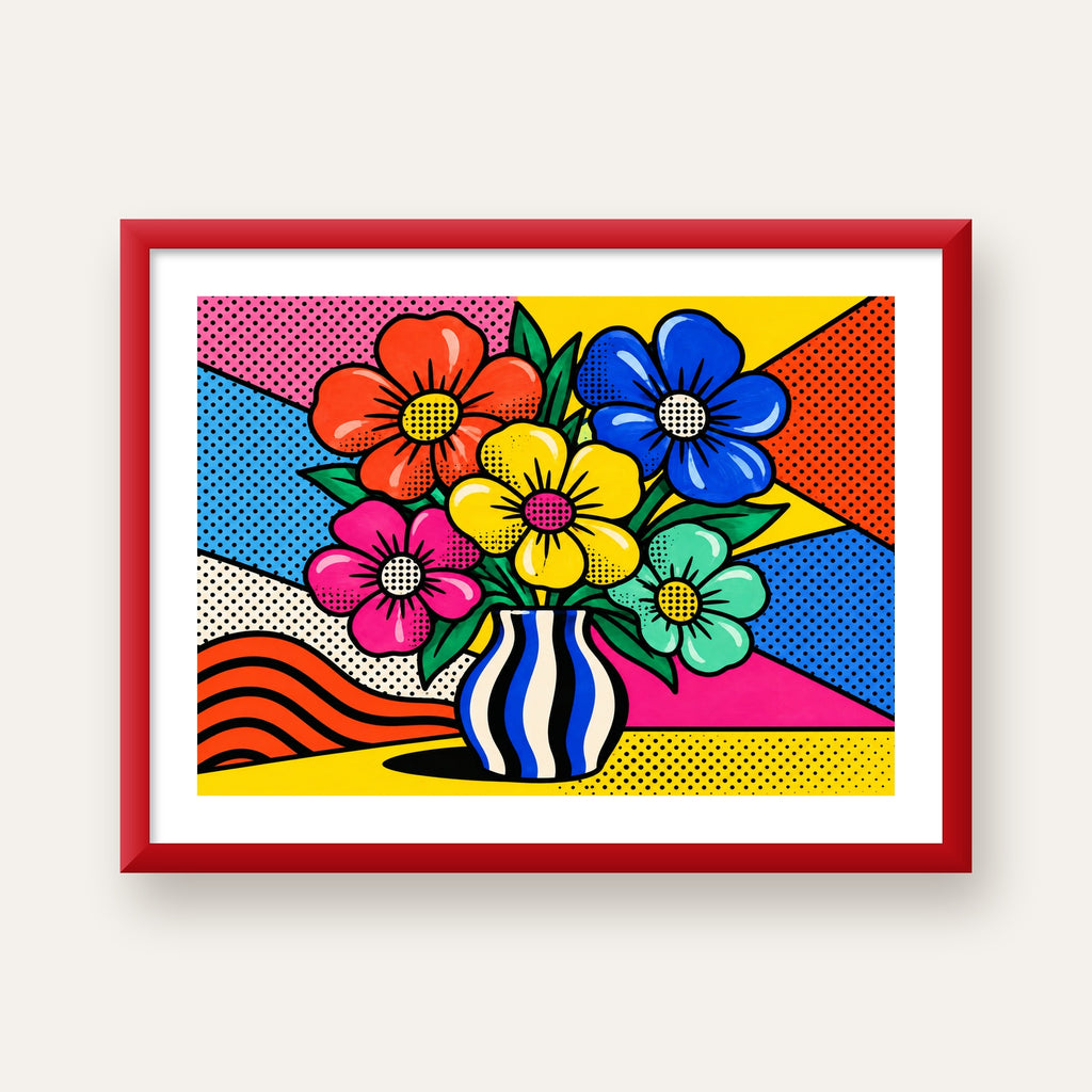 Pop Art Çiçekli Vazo Poster – Renkli Çizgi Roman Tasarımı — kırmızı çerçeveli paspartulu