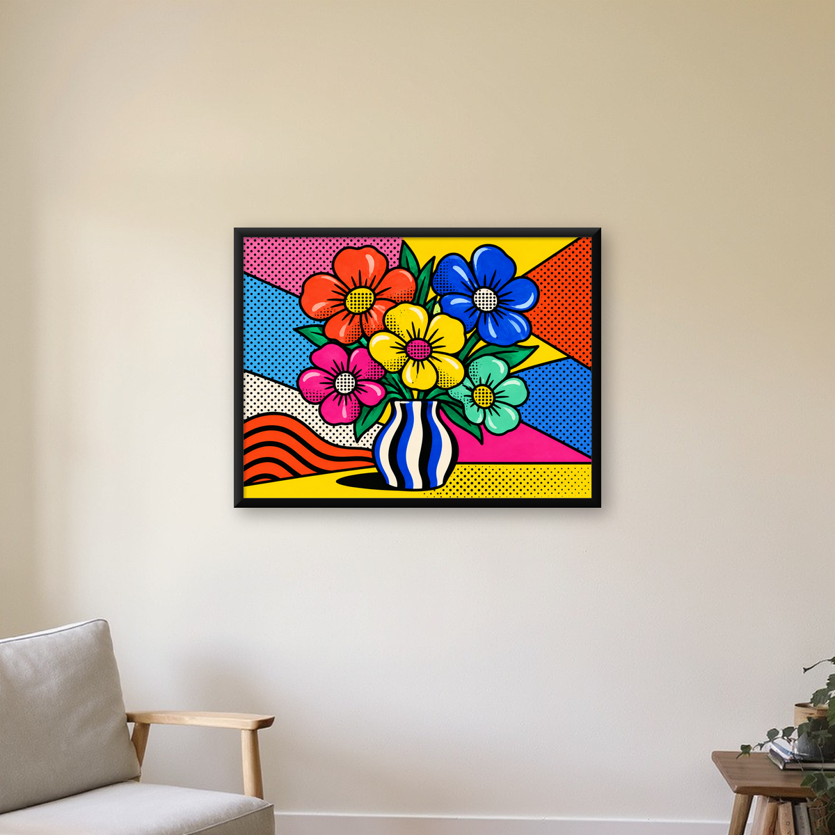 Pop Art Çiçekli Vazo Poster – Renkli Çizgi Roman Tasarımı — Yatay baskı, çerçeveli hâliyle bir ev duvarında