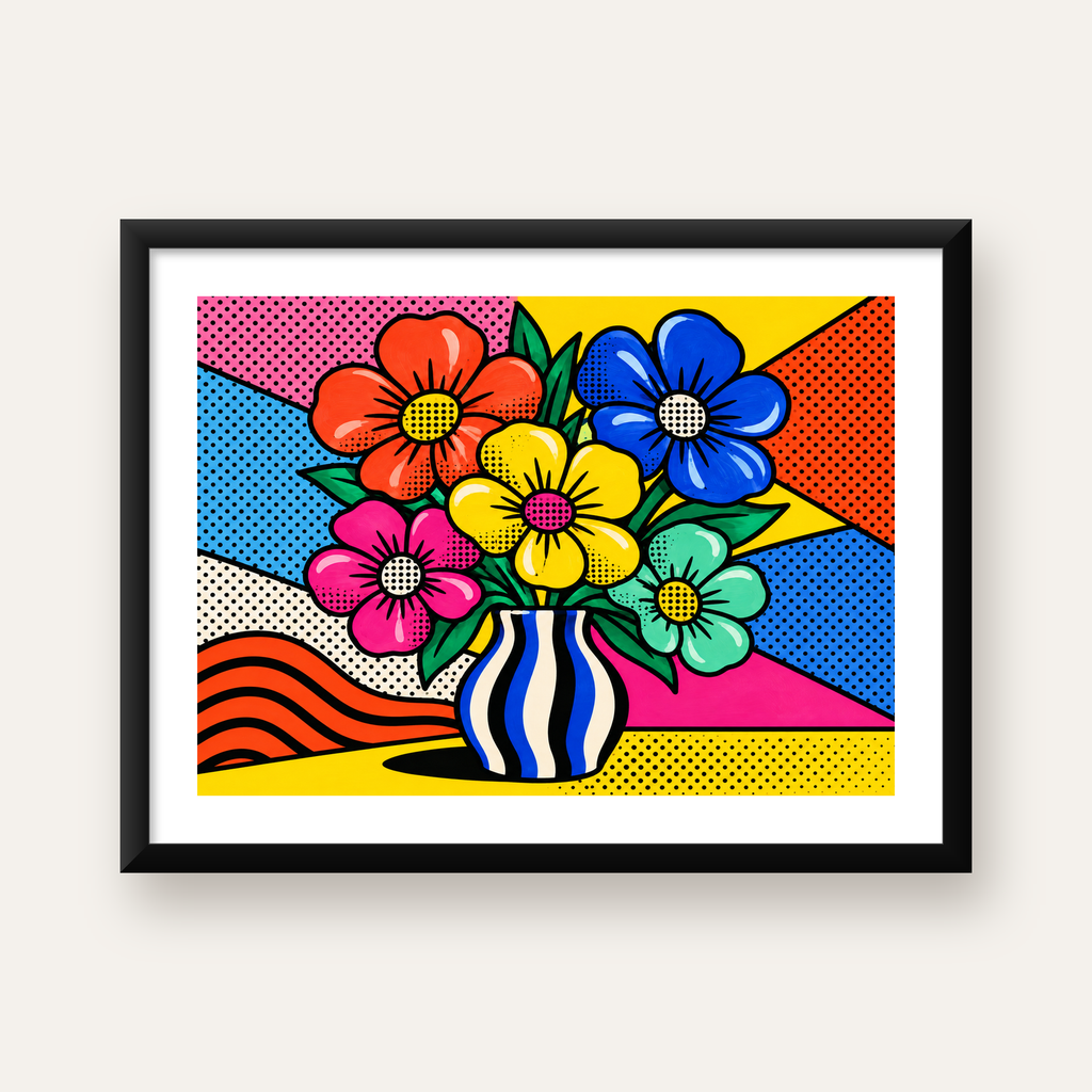 Pop Art Çiçekli Vazo Poster – Renkli Çizgi Roman Tasarımı — Yatay baskı, beyaz paspartulu