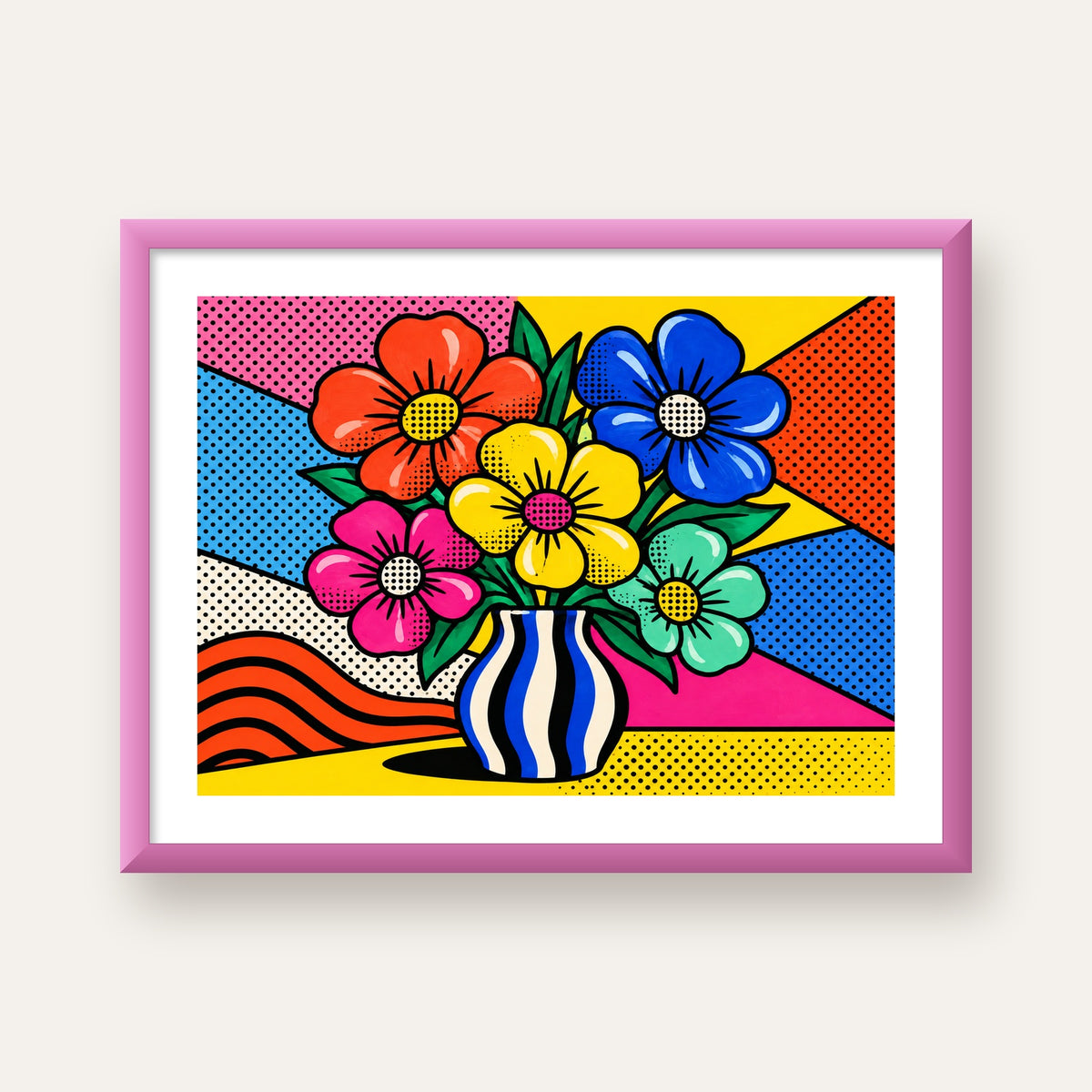 Pop Art Çiçekli Vazo Poster – Renkli Çizgi Roman Tasarımı — pembe çerçeveli paspartulu
