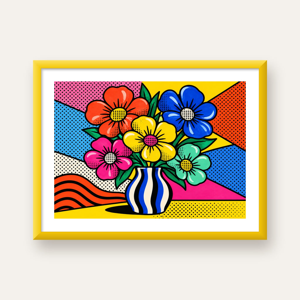 Pop Art Çiçekli Vazo Poster – Renkli Çizgi Roman Tasarımı — sarı çerçeveli paspartulu