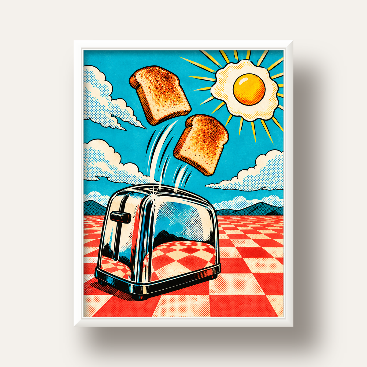 Retro Kahvaltı: Çizgi Roman Stilinde Renkli Poster — beyaz derin çerçeveli
