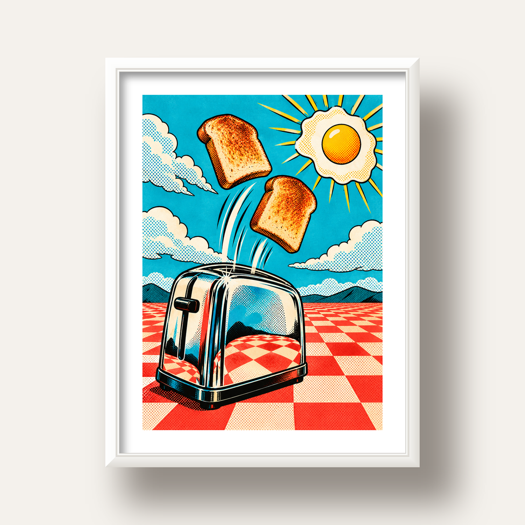Retro Kahvaltı: Çizgi Roman Stilinde Renkli Poster — beyaz derin çerçeveli paspartulu