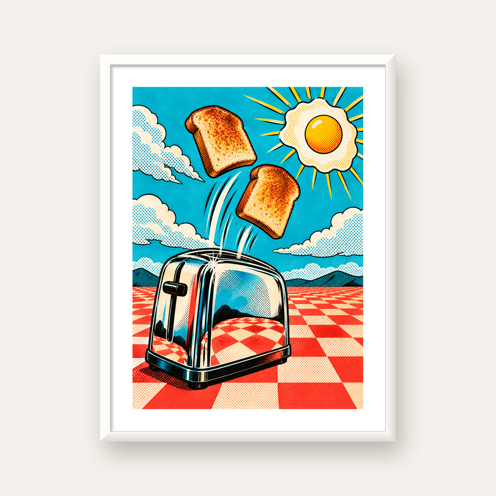 Retro Kahvaltı: Çizgi Roman Stilinde Renkli Poster — beyaz çerçeveli dikey poster