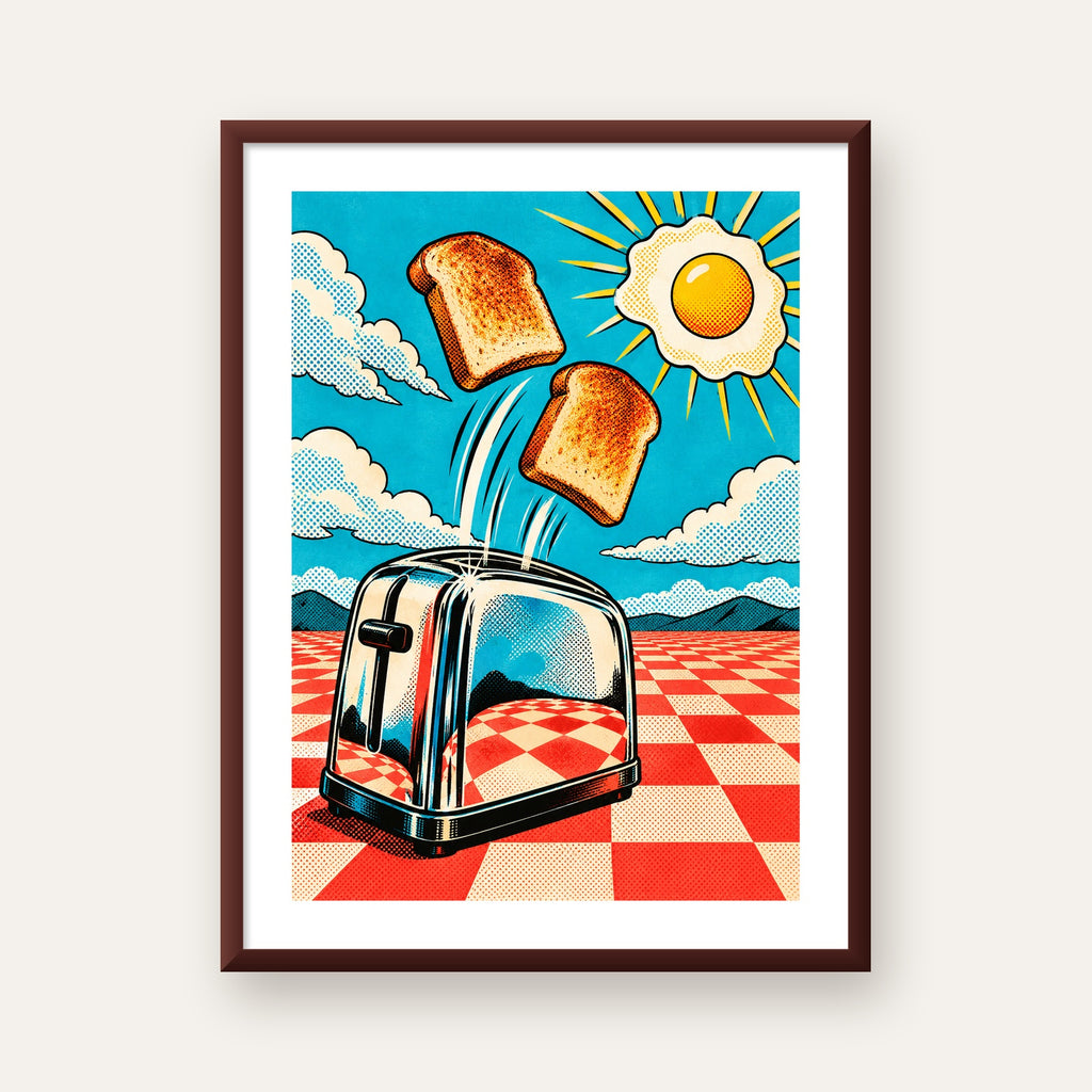 Retro Kahvaltı: Çizgi Roman Stilinde Renkli Poster — ceviz çerçeveli paspartulu