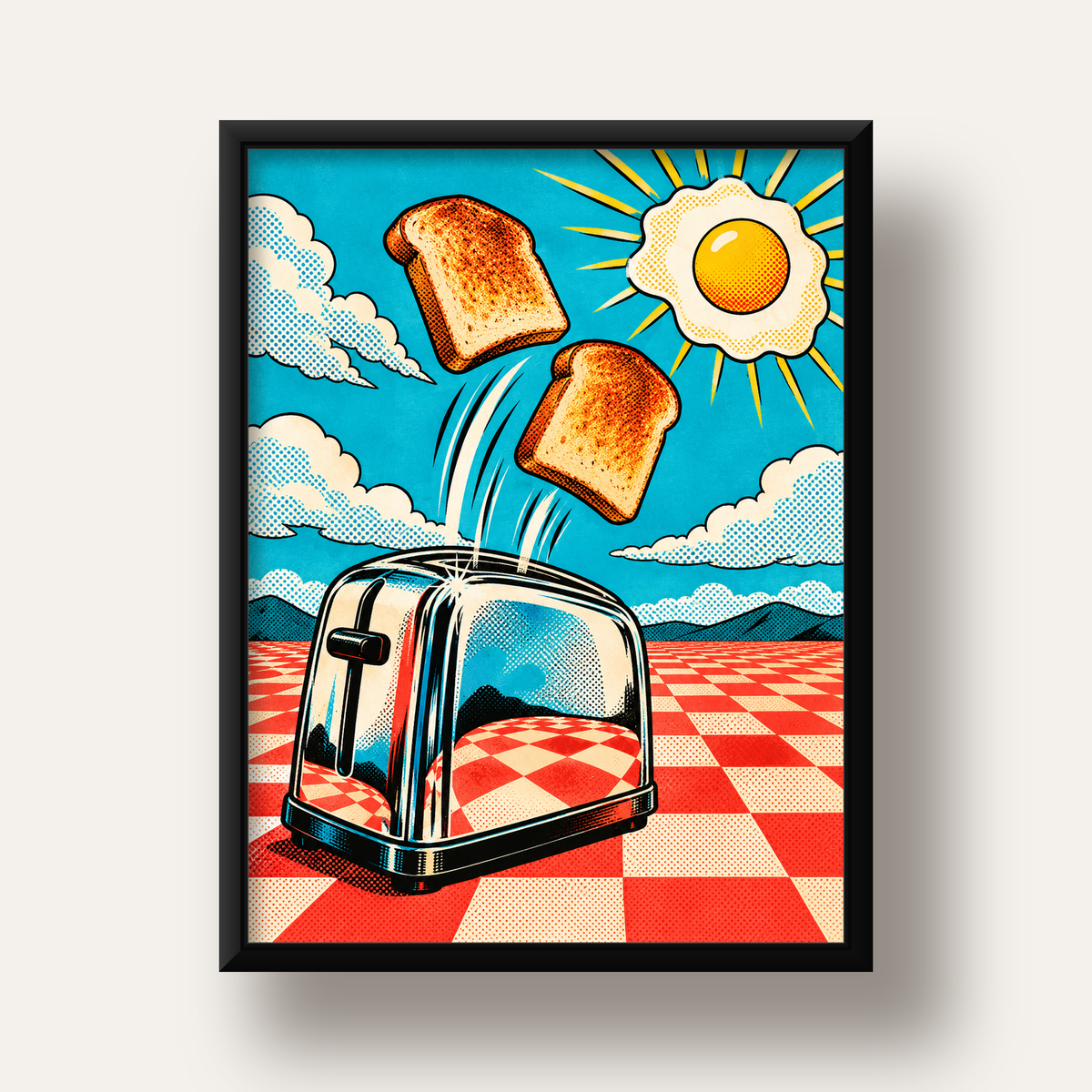 Retro Kahvaltı: Çizgi Roman Stilinde Renkli Poster — siyah derin çerçeveli
