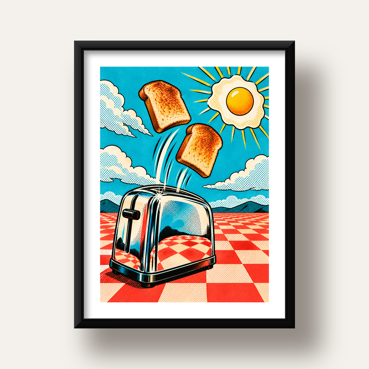Retro Kahvaltı: Çizgi Roman Stilinde Renkli Poster — siyah derin çerçeveli paspartulu