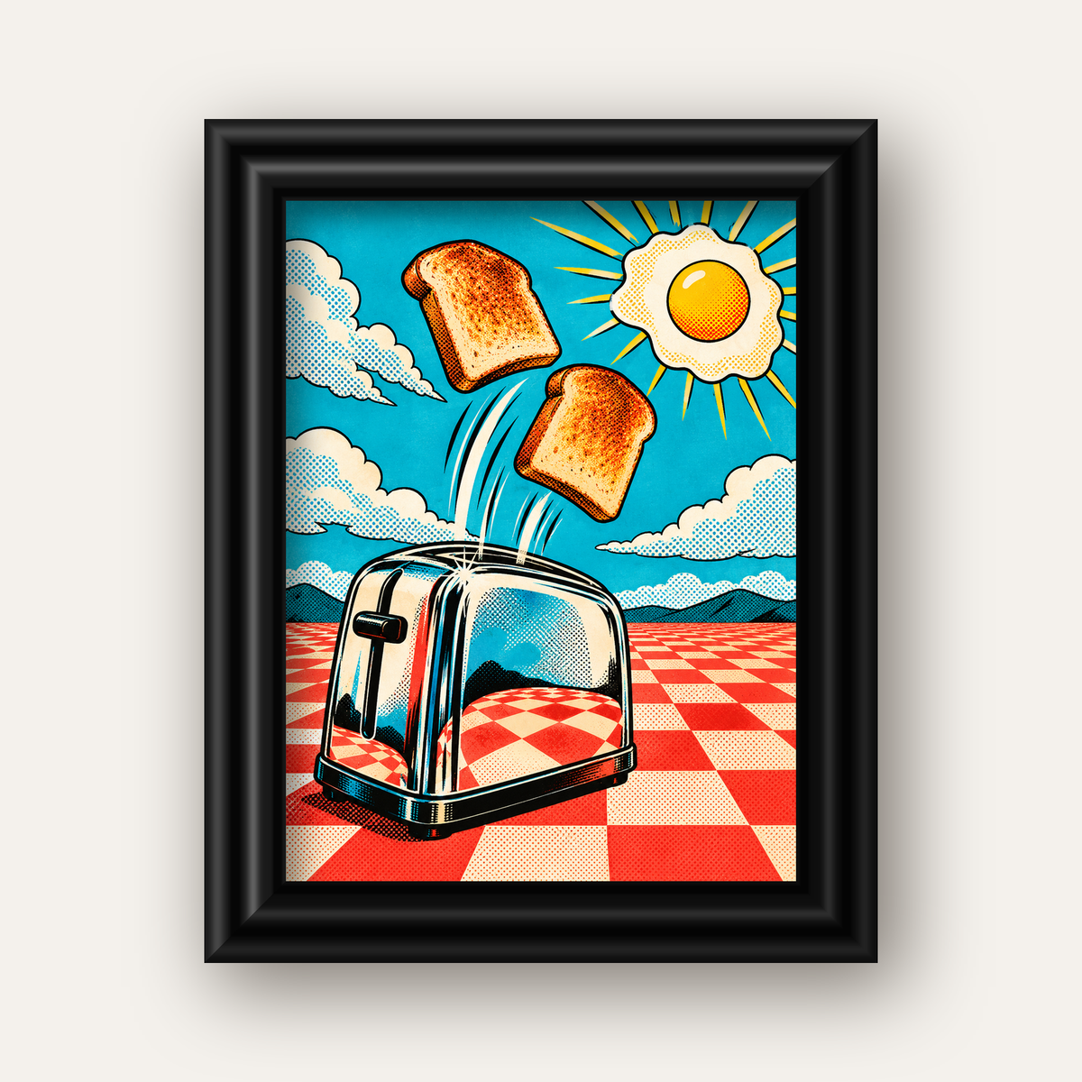 Retro Kahvaltı: Çizgi Roman Stilinde Renkli Poster — siyah galeri çerçeveli