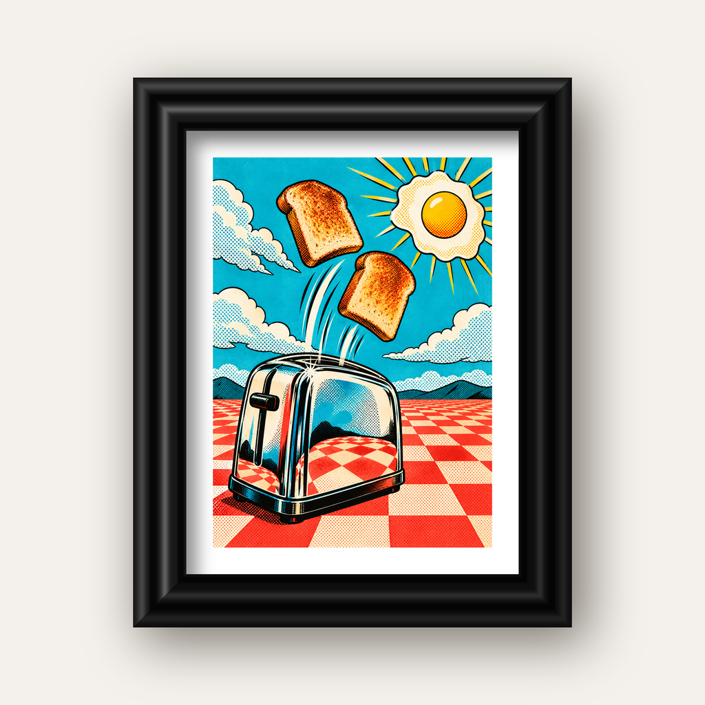 Retro Kahvaltı: Çizgi Roman Stilinde Renkli Poster — siyah galeri çerçeveli paspartulu