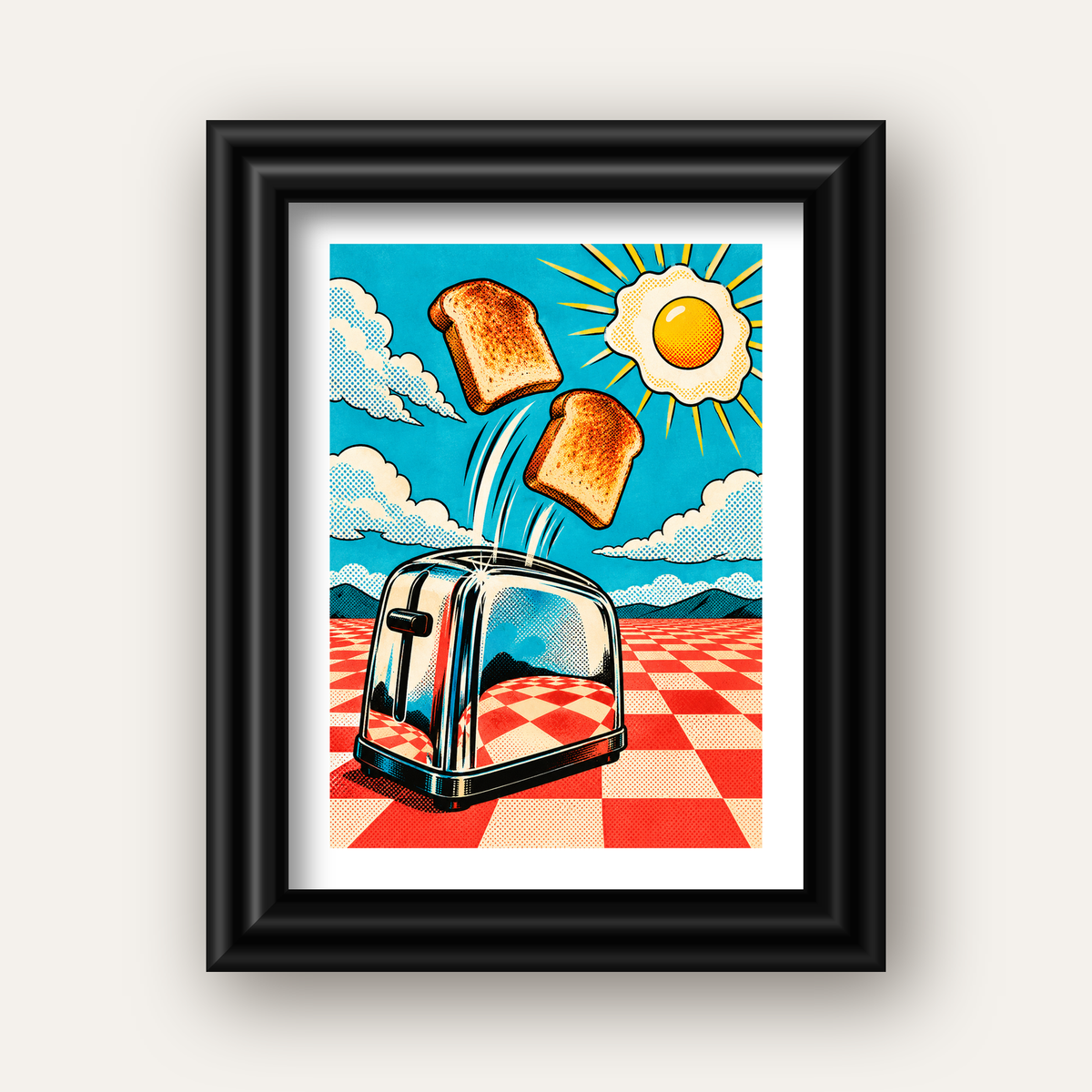 Retro Kahvaltı: Çizgi Roman Stilinde Renkli Poster — siyah galeri çerçeveli paspartulu