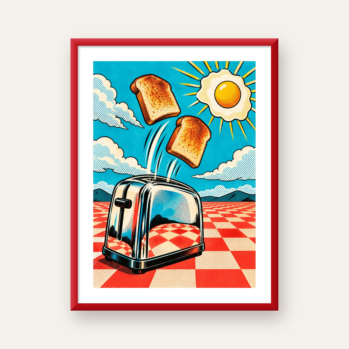 Retro Kahvaltı: Çizgi Roman Stilinde Renkli Poster — kırmızı çerçeveli paspartulu