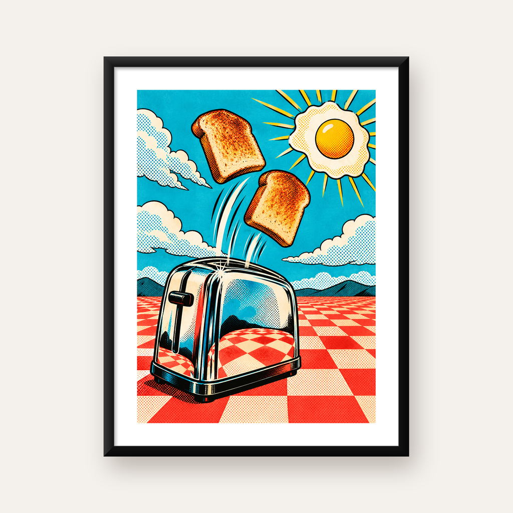 Retro Kahvaltı: Çizgi Roman Stilinde Renkli Poster — Dikey baskı, beyaz paspartulu