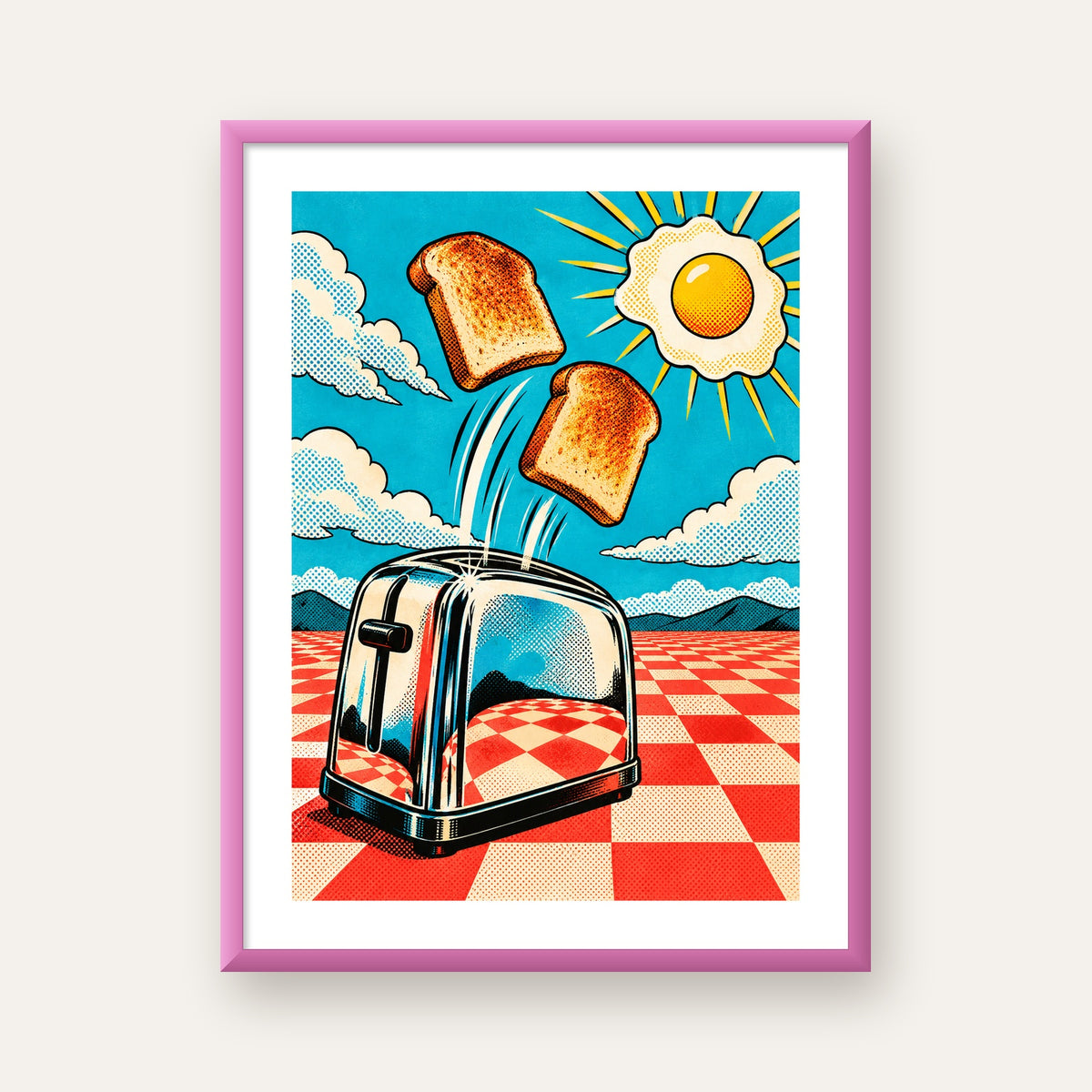 Retro Kahvaltı: Çizgi Roman Stilinde Renkli Poster — pembe çerçeveli paspartulu