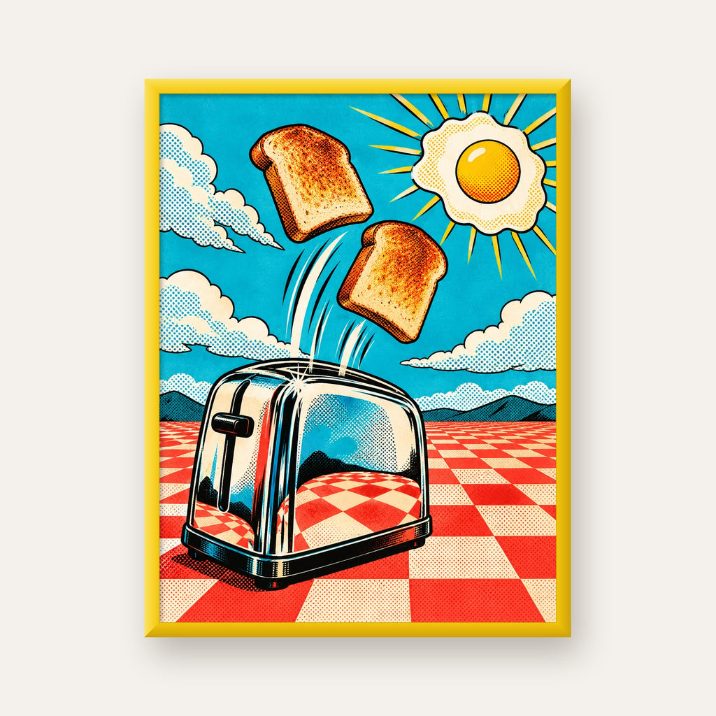 Retro Kahvaltı: Çizgi Roman Stilinde Renkli Poster — sarı çerçeveli