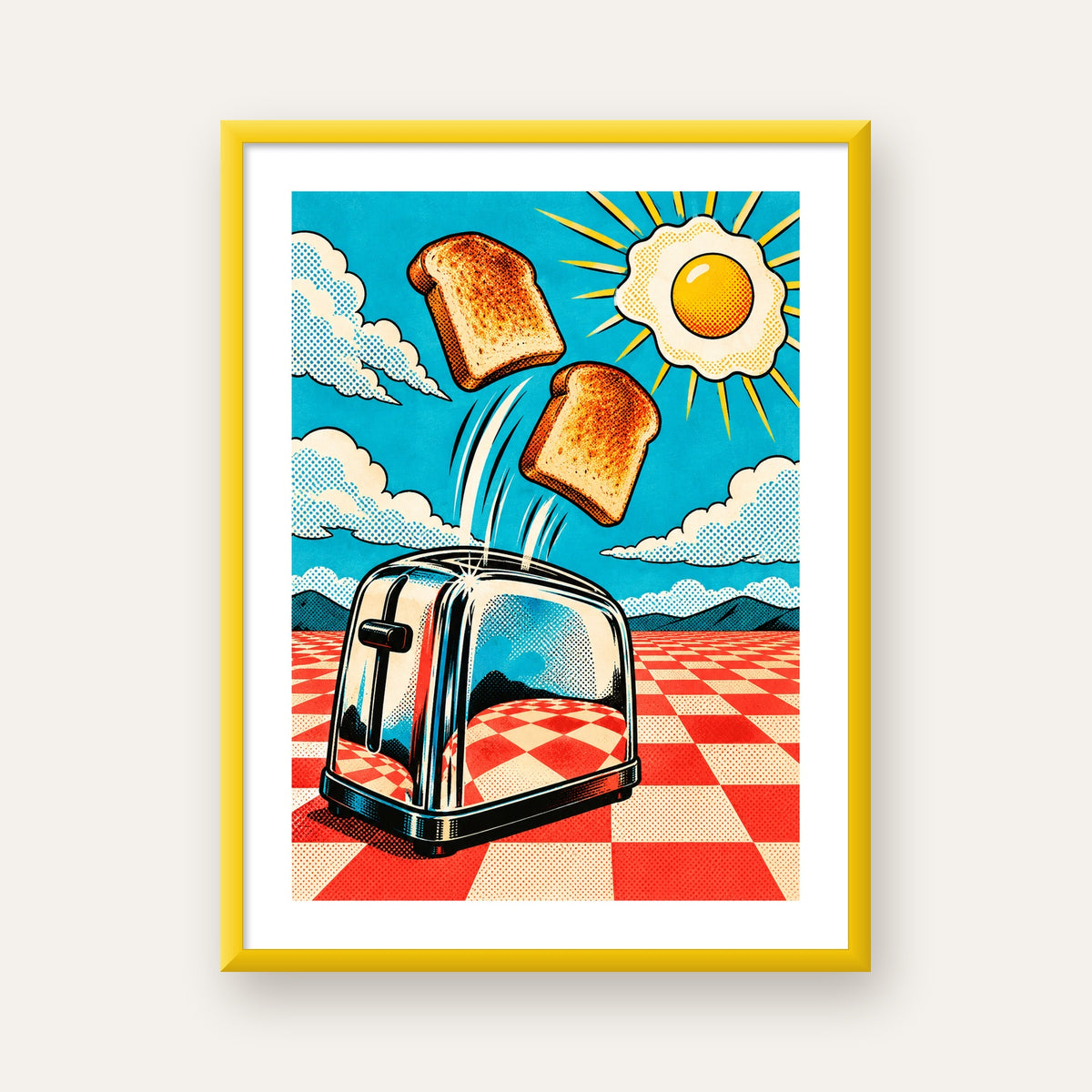Retro Kahvaltı: Çizgi Roman Stilinde Renkli Poster — sarı çerçeveli paspartulu