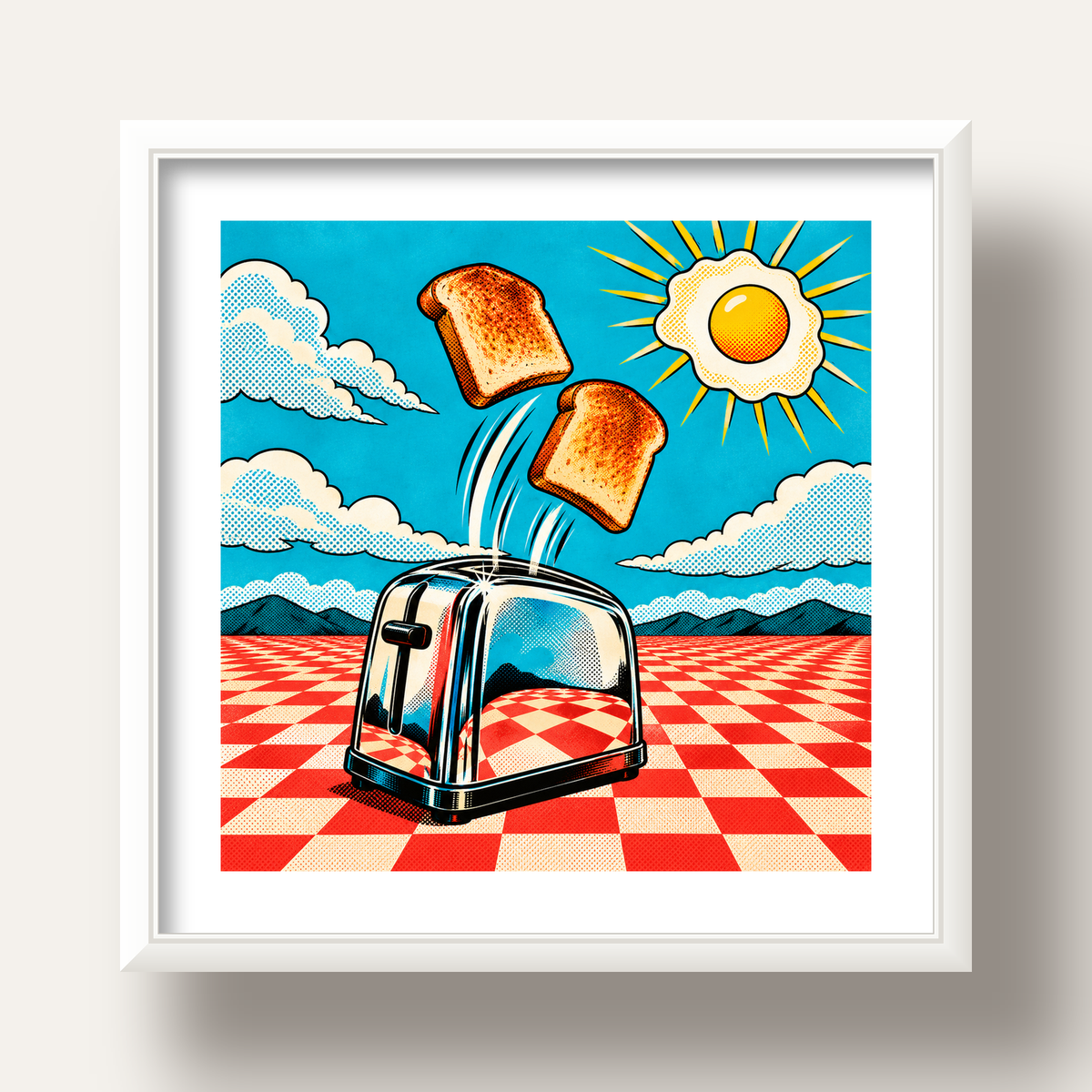 Retro Kahvaltı: Çizgi Roman Stilinde Renkli Poster — beyaz derin çerçeveli paspartulu