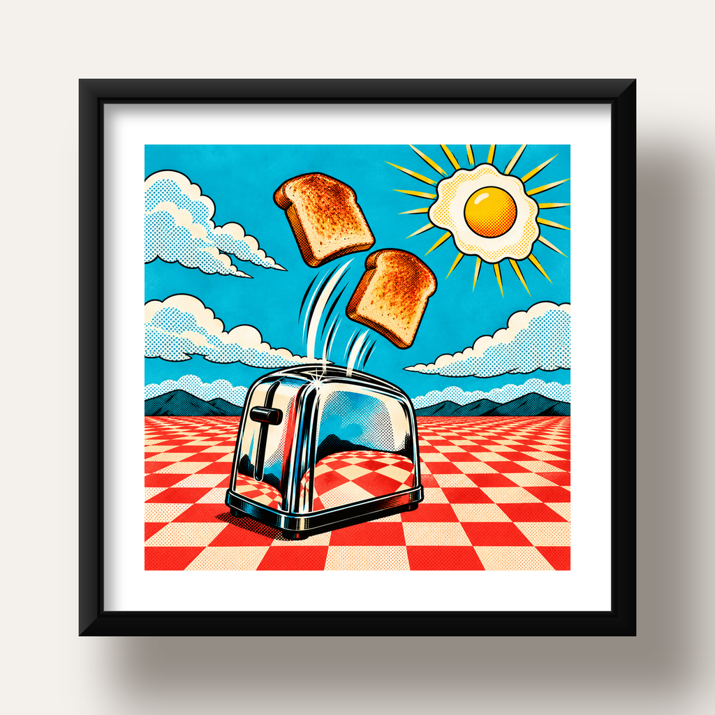 Retro Kahvaltı: Çizgi Roman Stilinde Renkli Poster — siyah derin çerçeveli paspartulu
