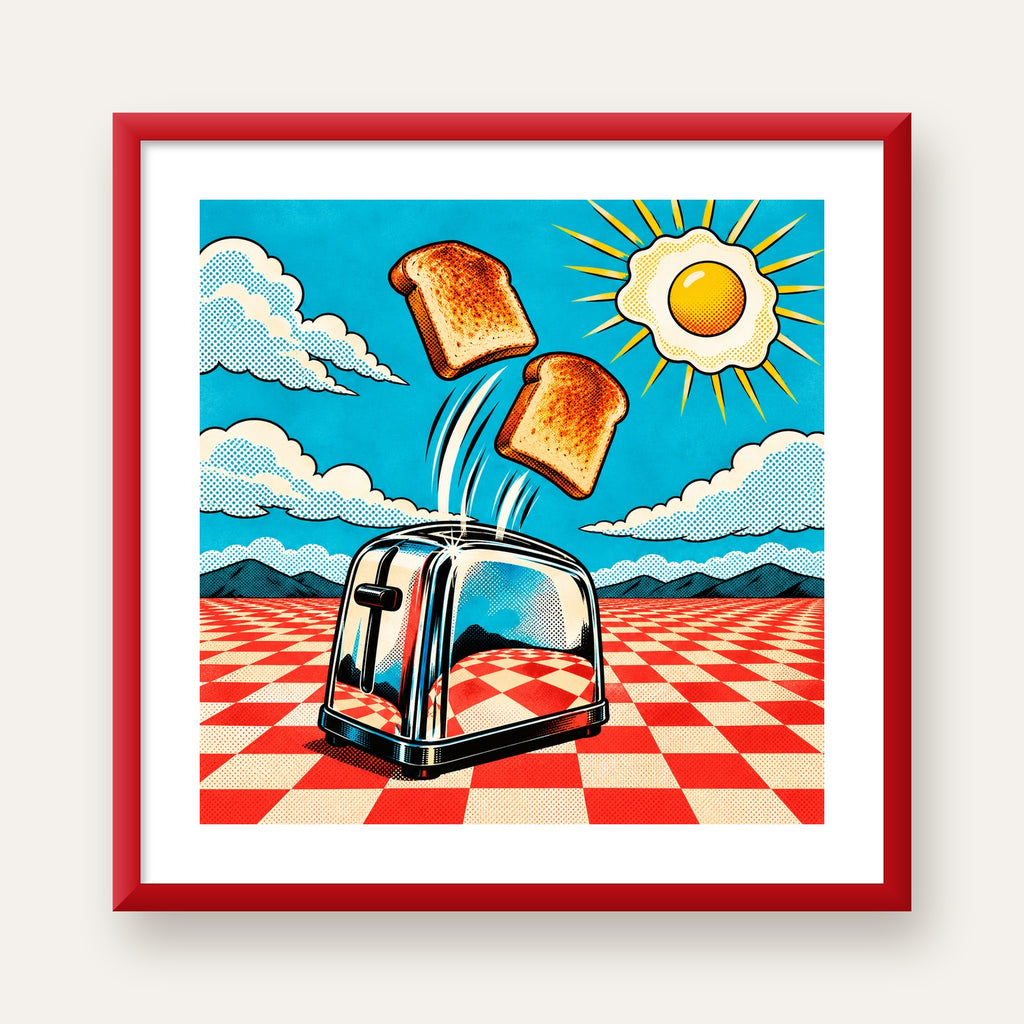 Retro Kahvaltı: Çizgi Roman Stilinde Renkli Poster — kırmızı çerçeveli paspartulu