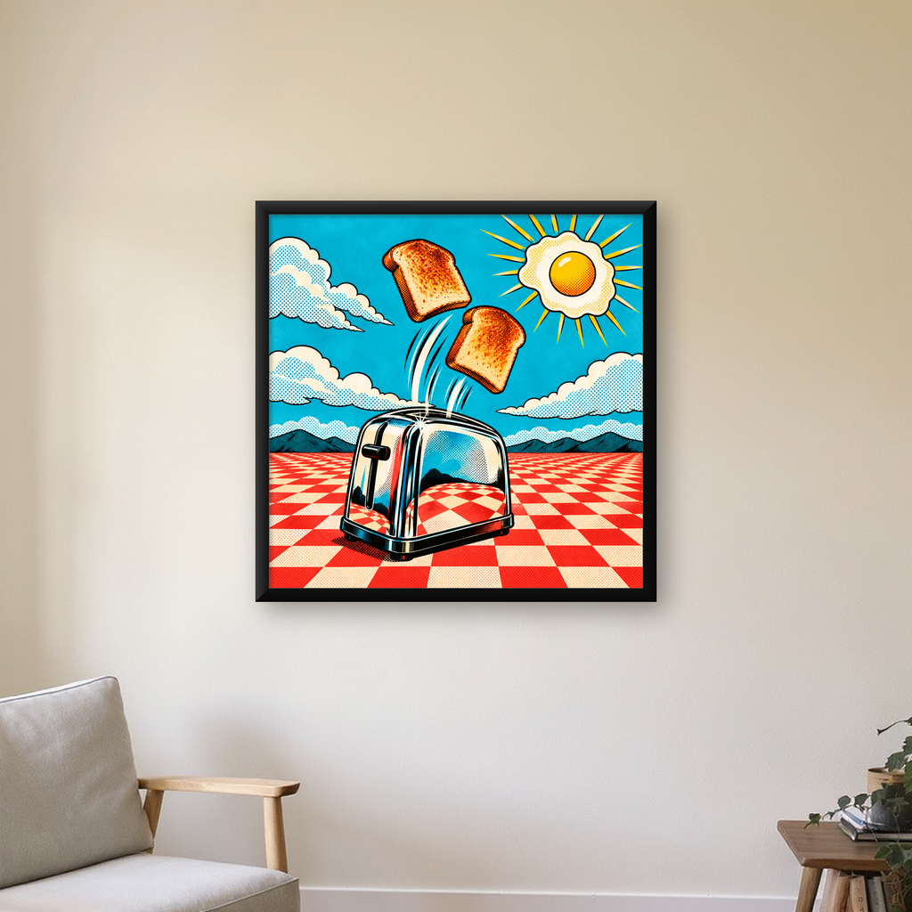 Retro Kahvaltı: Çizgi Roman Stilinde Renkli Poster — Kare baskı, çerçeveli hâliyle bir ev duvarında