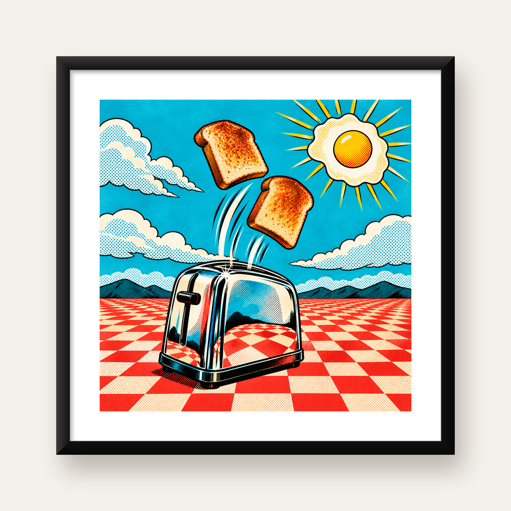 Retro Kahvaltı: Çizgi Roman Stilinde Renkli Poster — Kare baskı, beyaz paspartulu