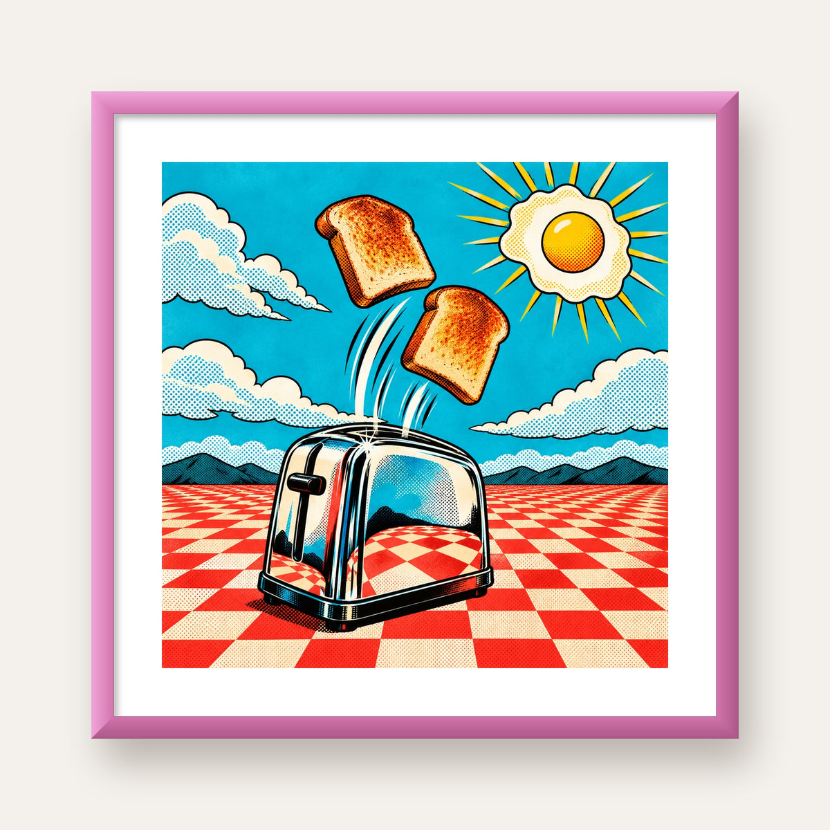 Retro Kahvaltı: Çizgi Roman Stilinde Renkli Poster — pembe çerçeveli paspartulu