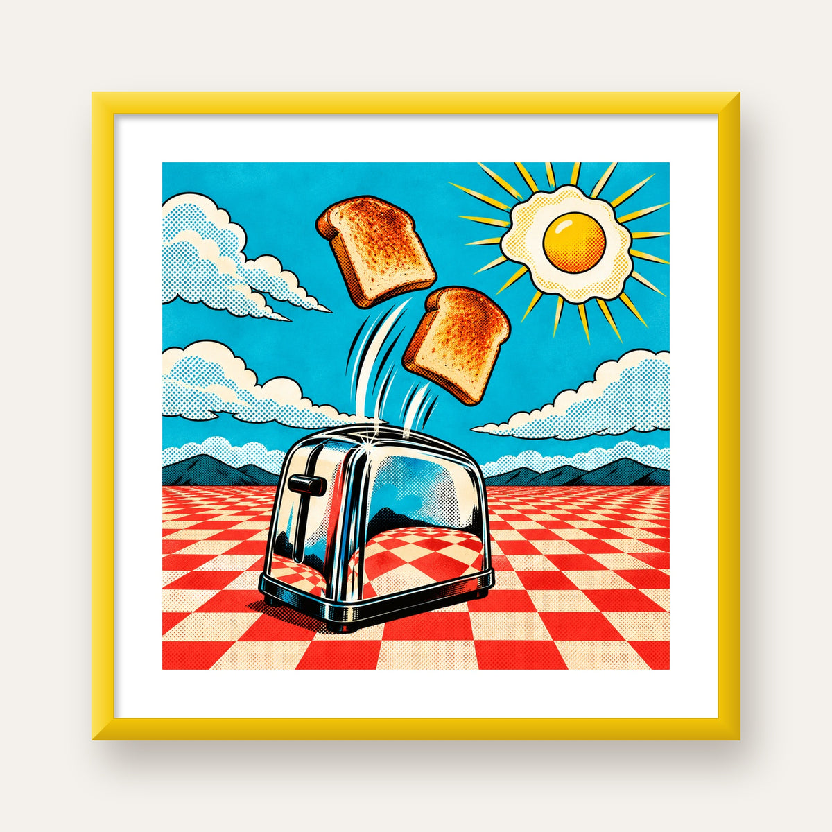 Retro Kahvaltı: Çizgi Roman Stilinde Renkli Poster — sarı çerçeveli paspartulu