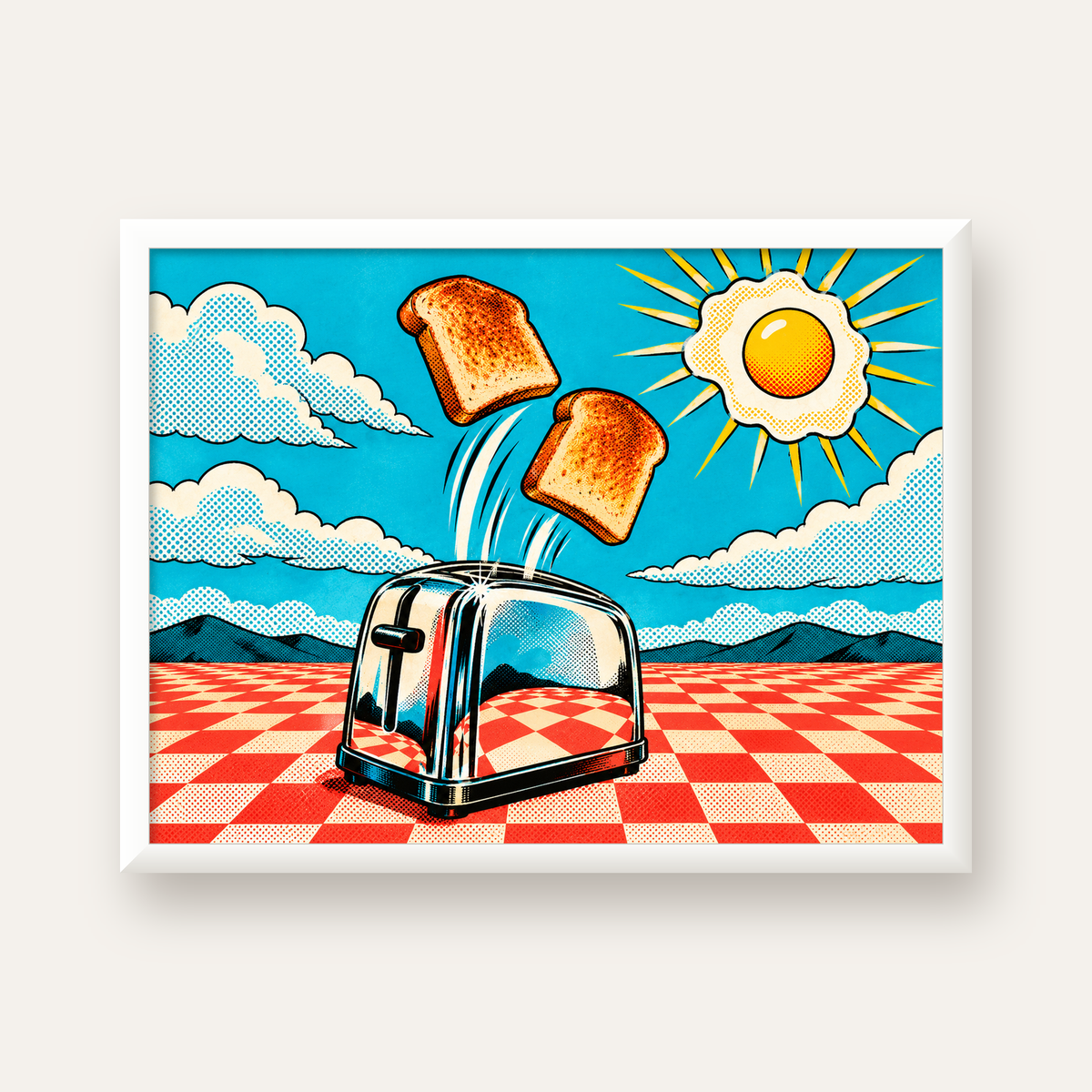 Retro Kahvaltı: Çizgi Roman Stilinde Renkli Poster — beyaz çerçeveli yatay poster