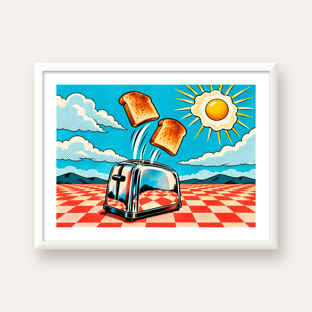 Retro Kahvaltı: Çizgi Roman Stilinde Renkli Poster — beyaz çerçeveli yatay poster