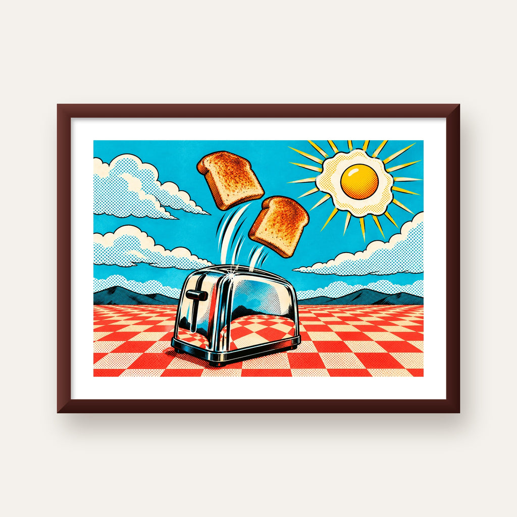 Retro Kahvaltı: Çizgi Roman Stilinde Renkli Poster — ceviz çerçeveli paspartulu