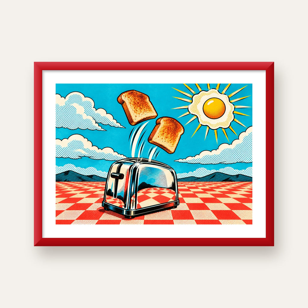 Retro Kahvaltı: Çizgi Roman Stilinde Renkli Poster — kırmızı çerçeveli paspartulu