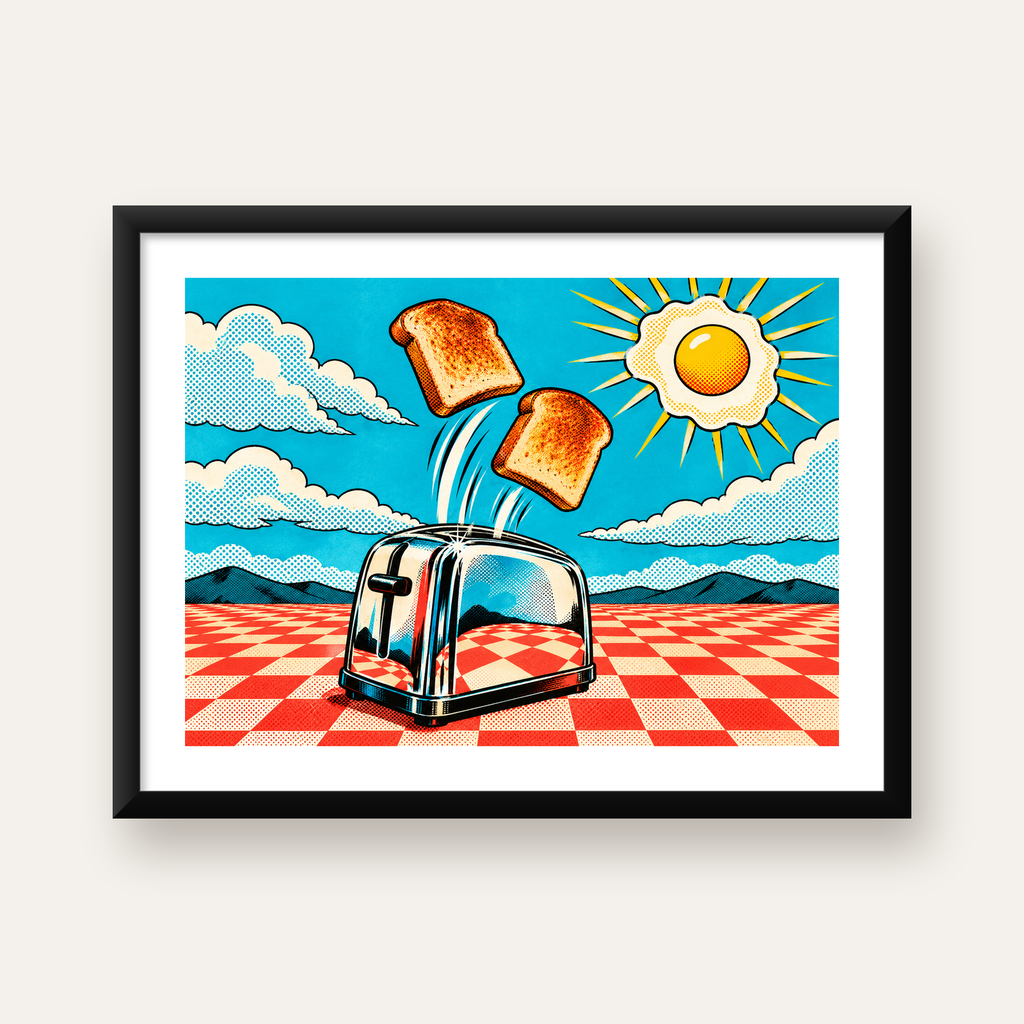 Retro Kahvaltı: Çizgi Roman Stilinde Renkli Poster — Yatay baskı, beyaz paspartulu