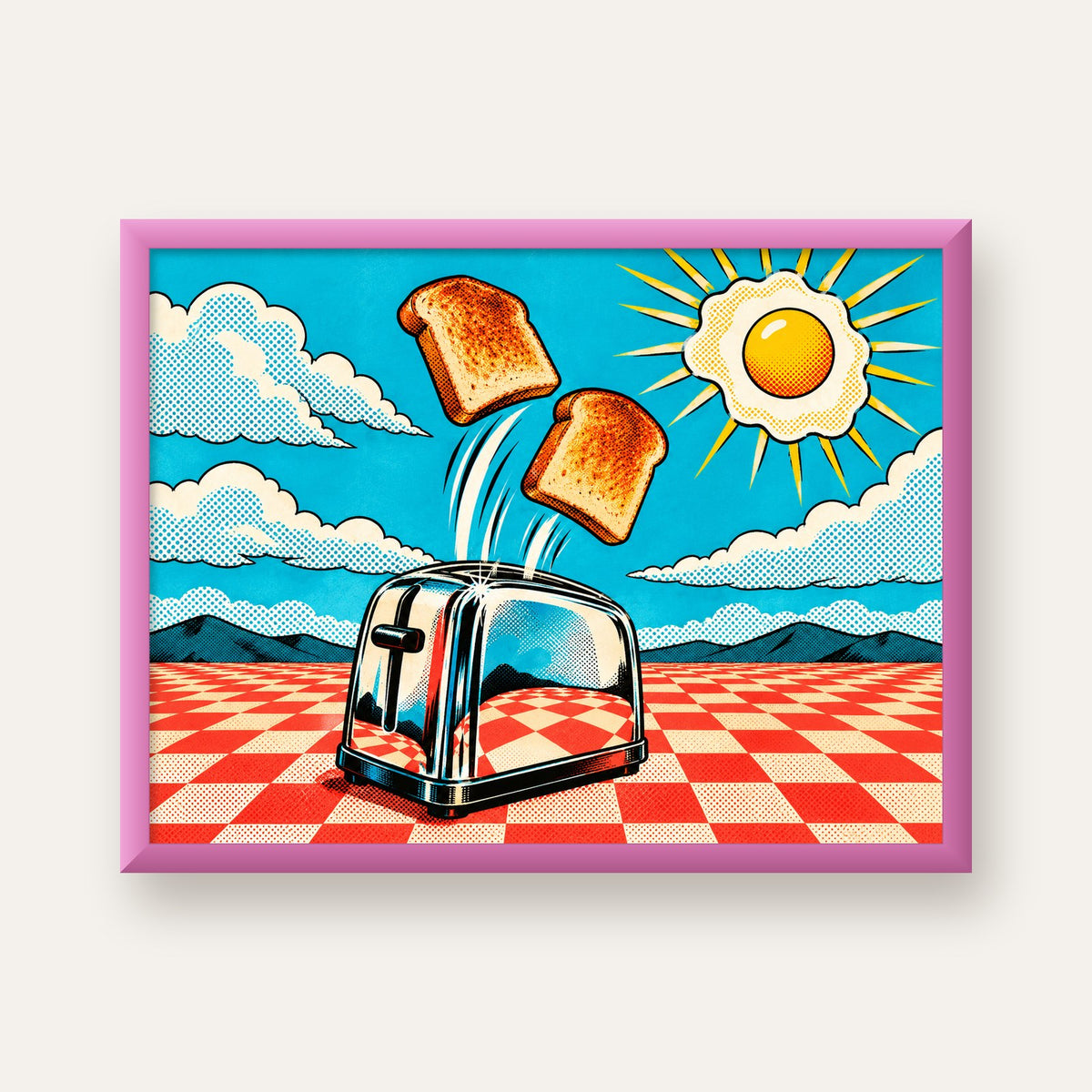 Retro Kahvaltı: Çizgi Roman Stilinde Renkli Poster — pembe çerçeveli