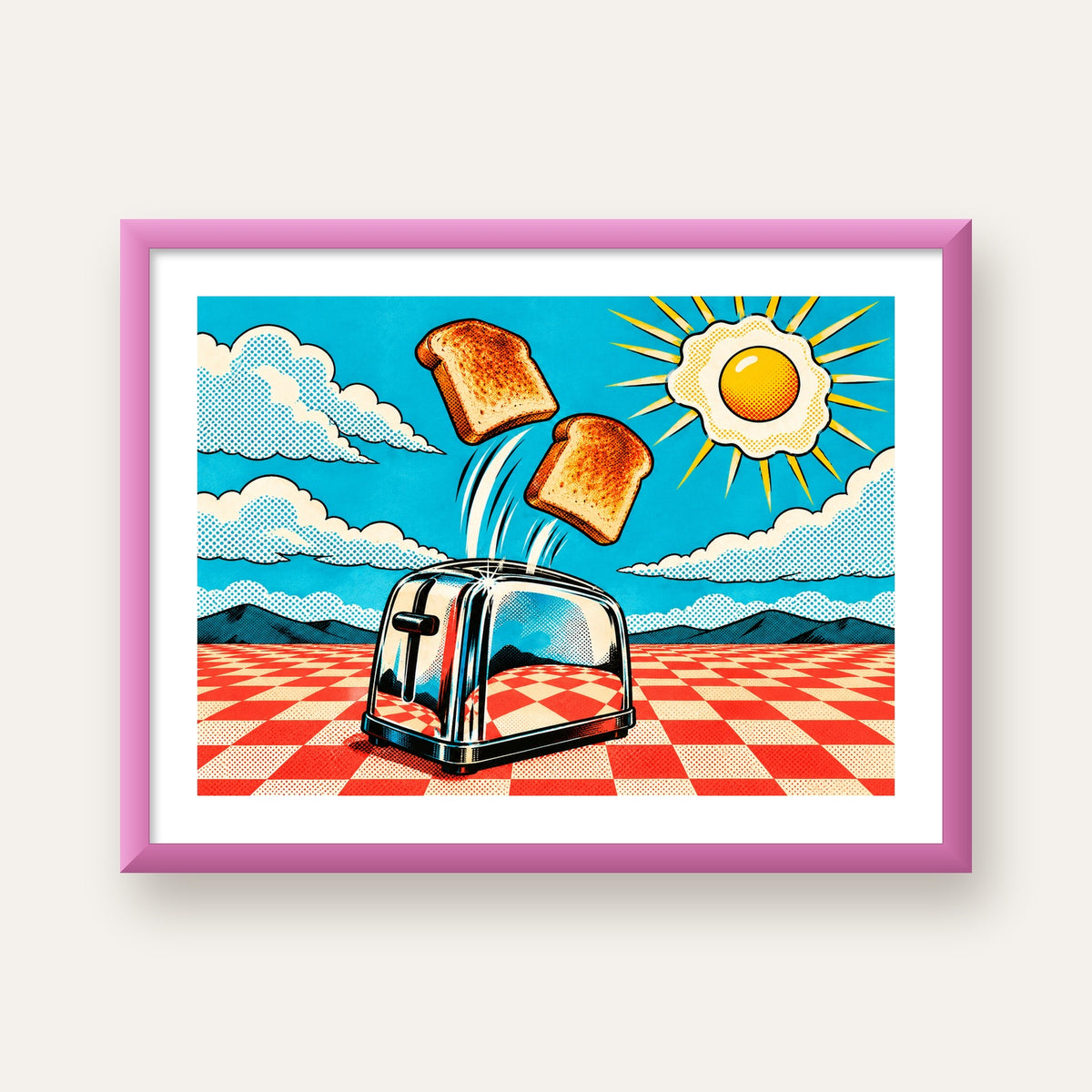 Retro Kahvaltı: Çizgi Roman Stilinde Renkli Poster — pembe çerçeveli paspartulu