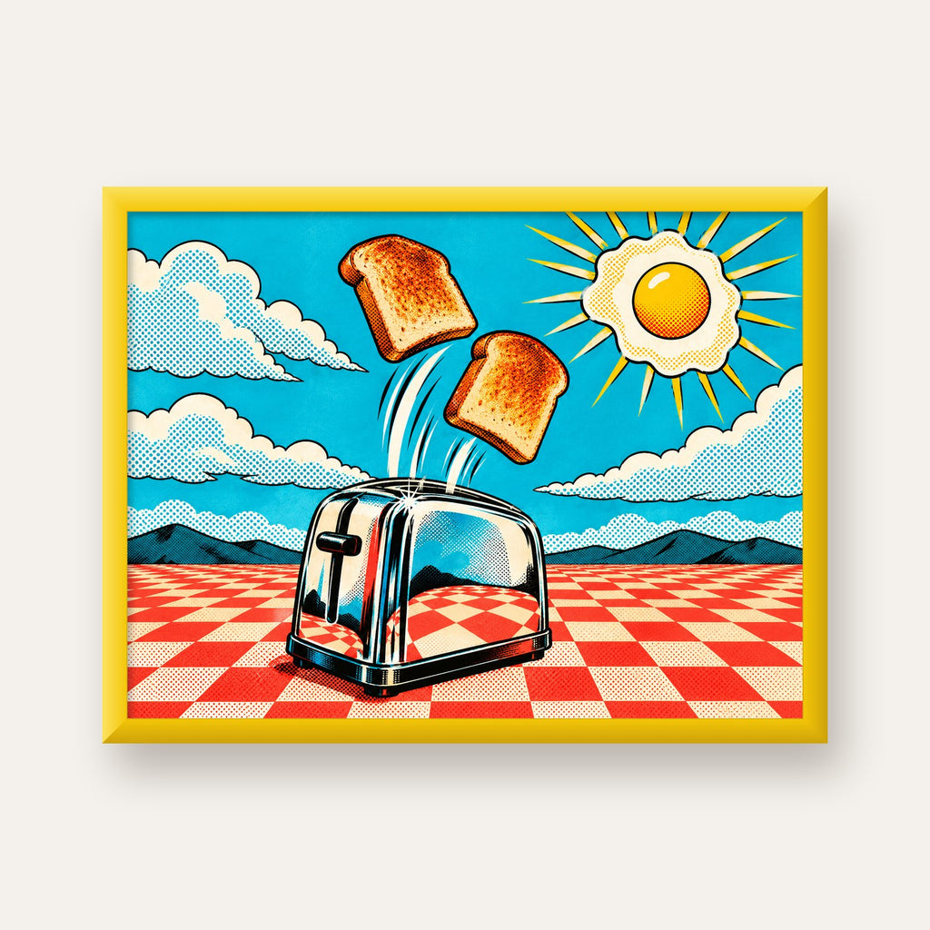 Retro Kahvaltı: Çizgi Roman Stilinde Renkli Poster — sarı çerçeveli
