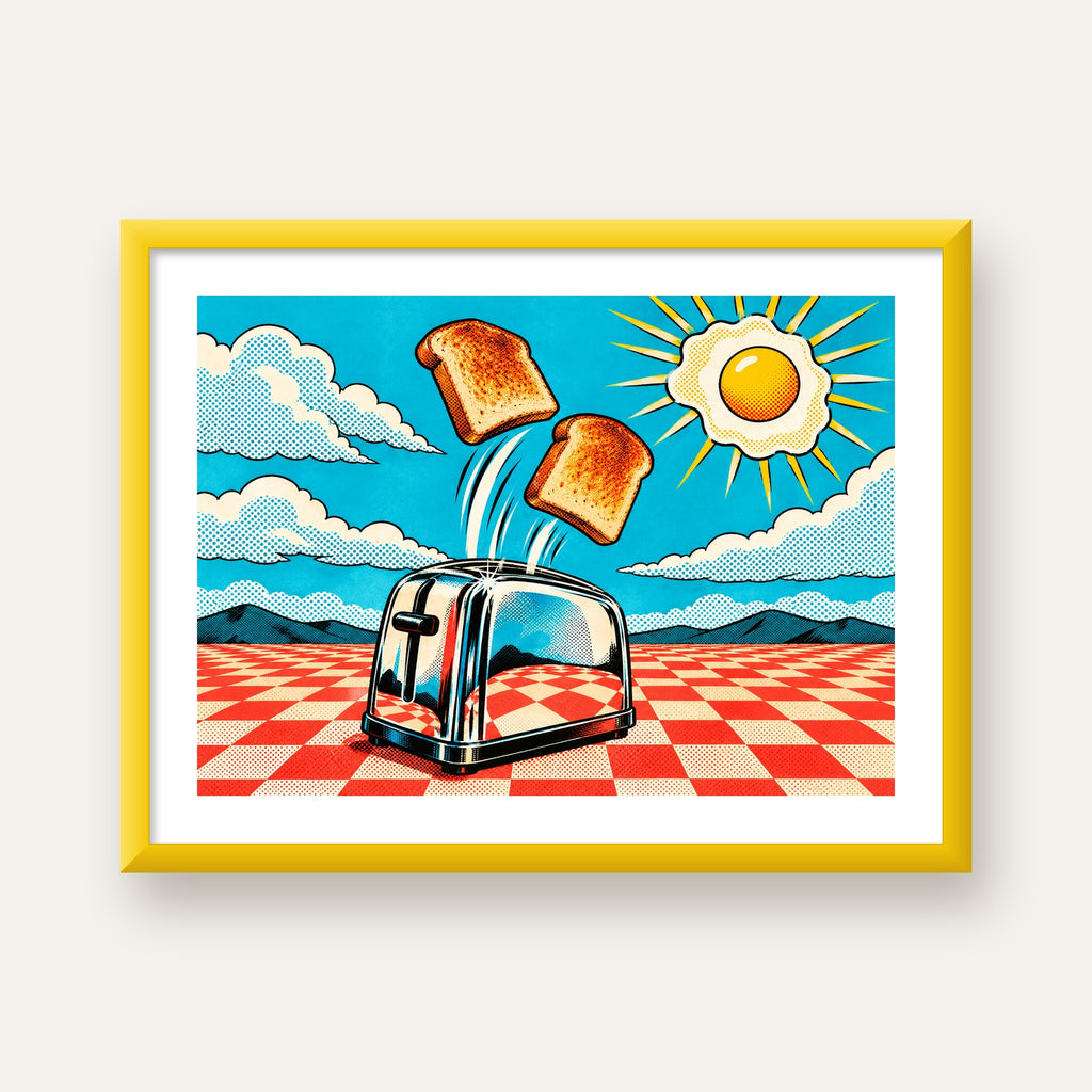 Retro Kahvaltı: Çizgi Roman Stilinde Renkli Poster — sarı çerçeveli paspartulu